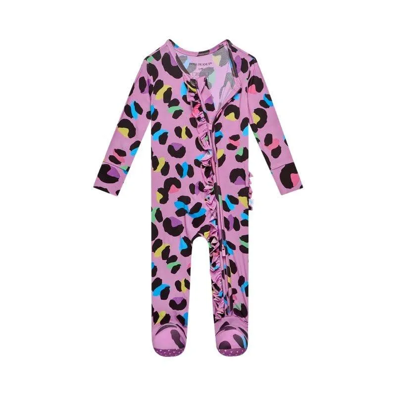 Girl's Bamboo Ruffle Footie with Zipper - Electric Leopard