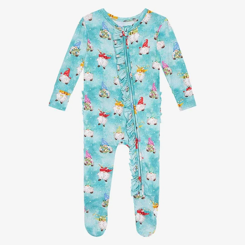 Girl's Bamboo Ruffle Footie with Zipper, Gnomey