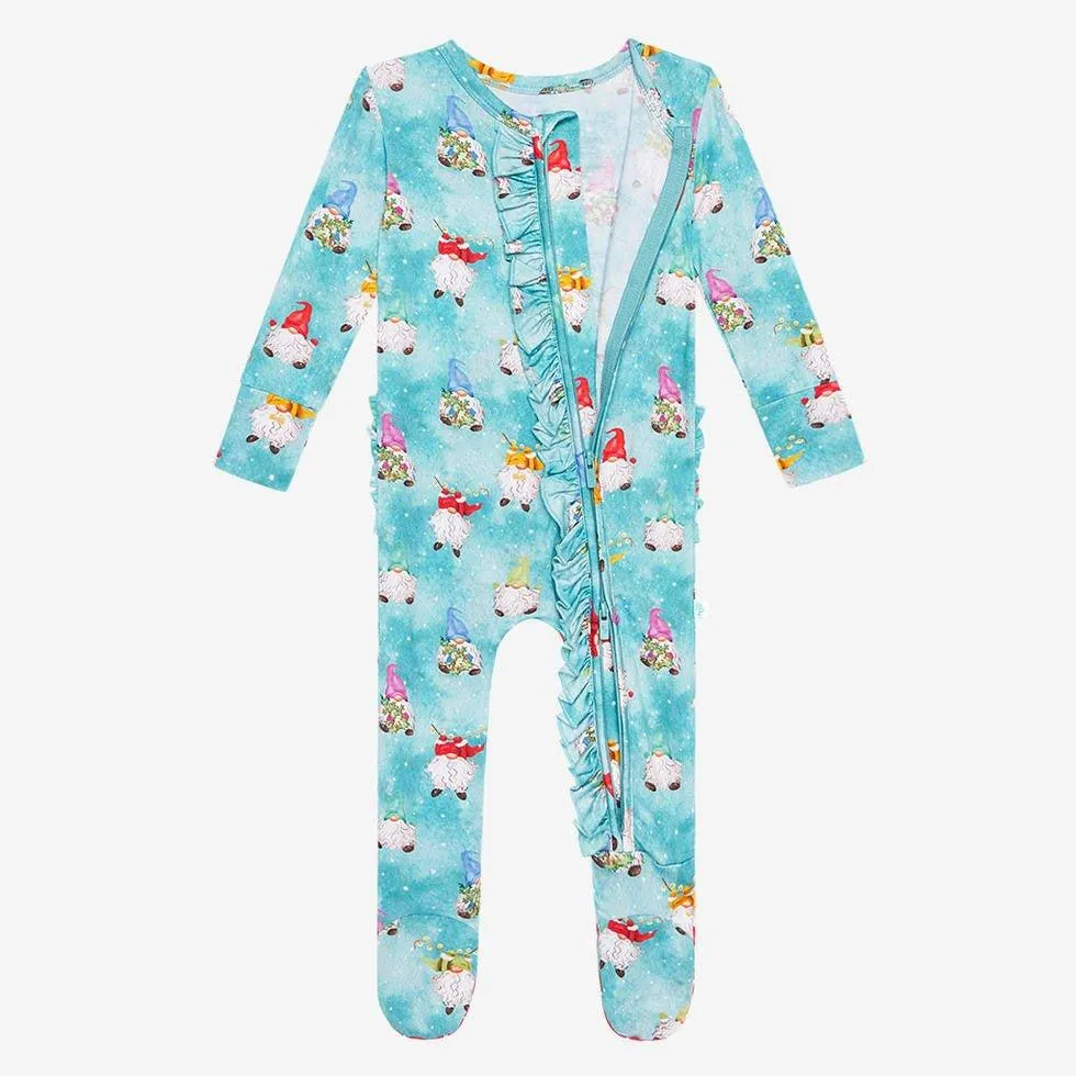 Girl's Bamboo Ruffle Footie with Zipper, Gnomey