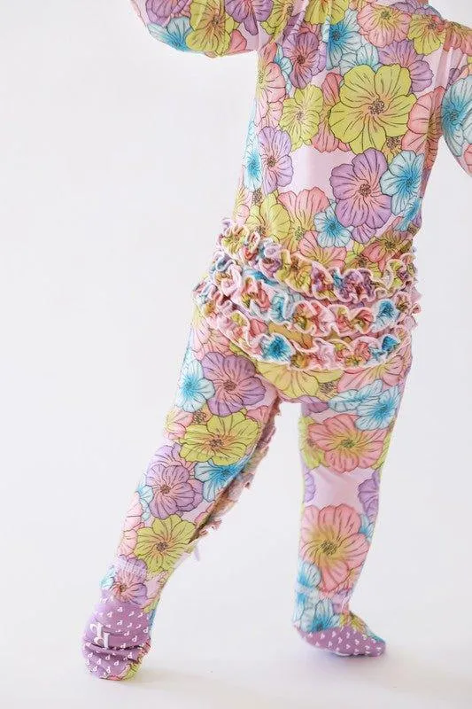Girl's Bamboo Ruffle Footie with Zipper - Kourtney (Floral)