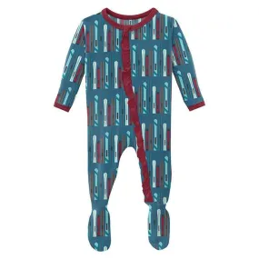 Girl's Print Bamboo Classic Ruffle Footie with Zipper - Twilight Skis
