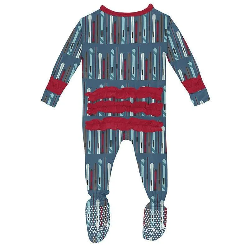 Girl's Print Bamboo Classic Ruffle Footie with Zipper - Twilight Skis