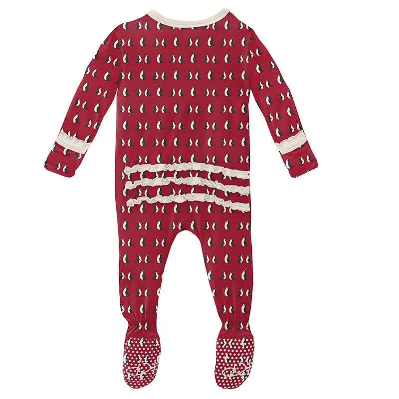 Girl's Print Bamboo Muffin Ruffle Footie with Zipper - Crimson Penguins