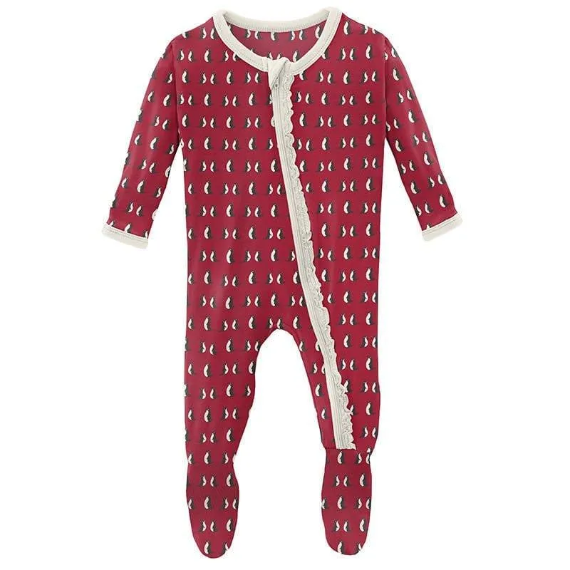 Girl's Print Bamboo Muffin Ruffle Footie with Zipper - Crimson Penguins