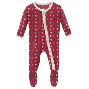 Girl's Print Bamboo Muffin Ruffle Footie with Zipper - Crimson Penguins