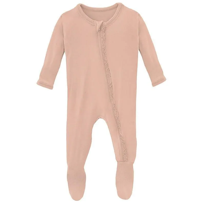 Girl's Solid Muffin Ruffle Footie with Zipper - Peach Blossom