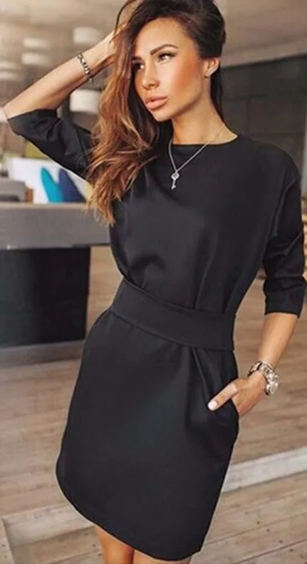 Hot Style Black Long Sleeve Scoop Short Dress With Belt On