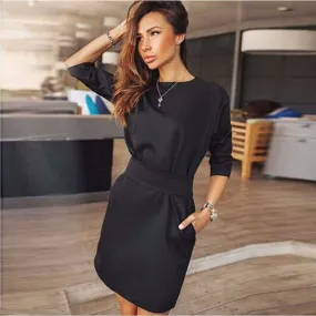 Hot Style Black Long Sleeve Scoop Short Dress With Belt On