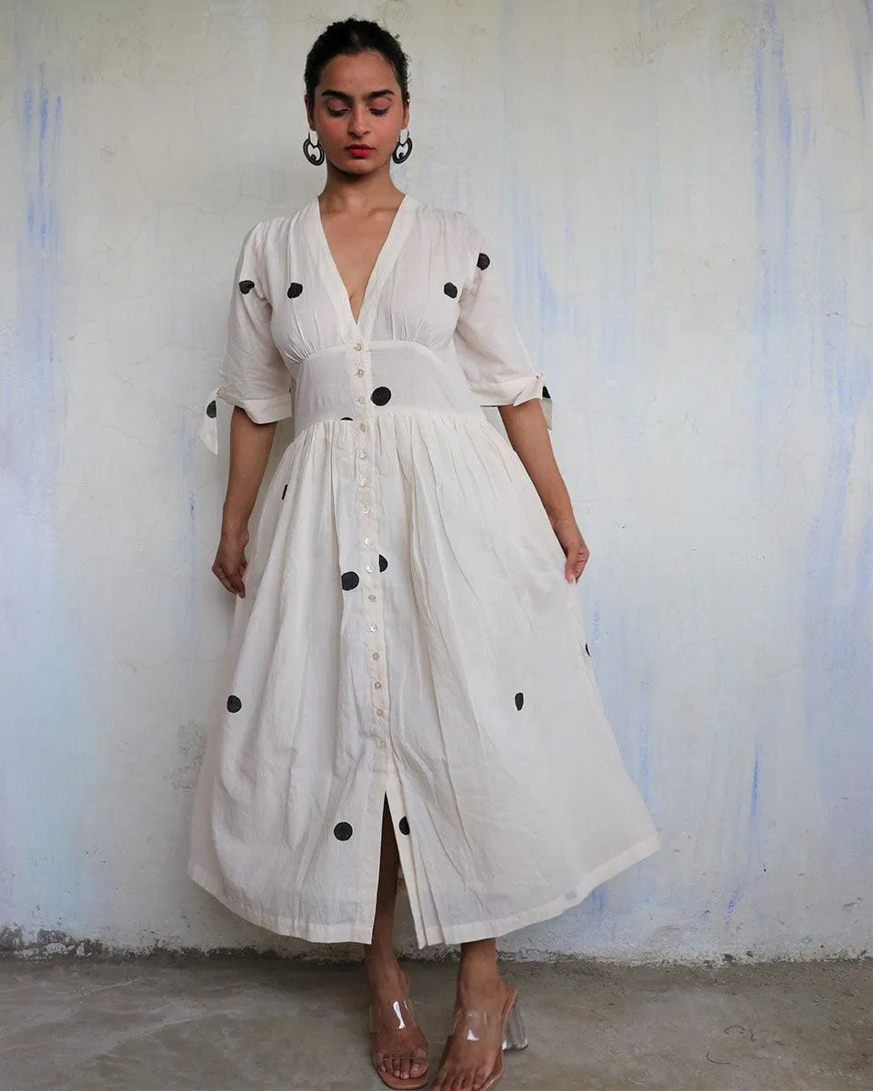 Ivory Pure Cotton Polka Dot Dress-Mono