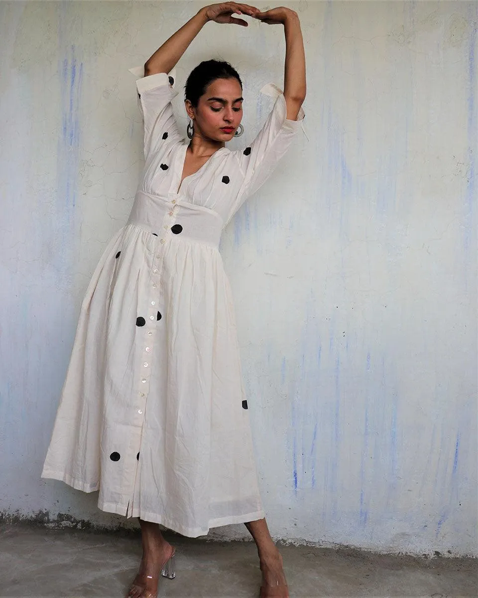 Ivory Pure Cotton Polka Dot Dress-Mono
