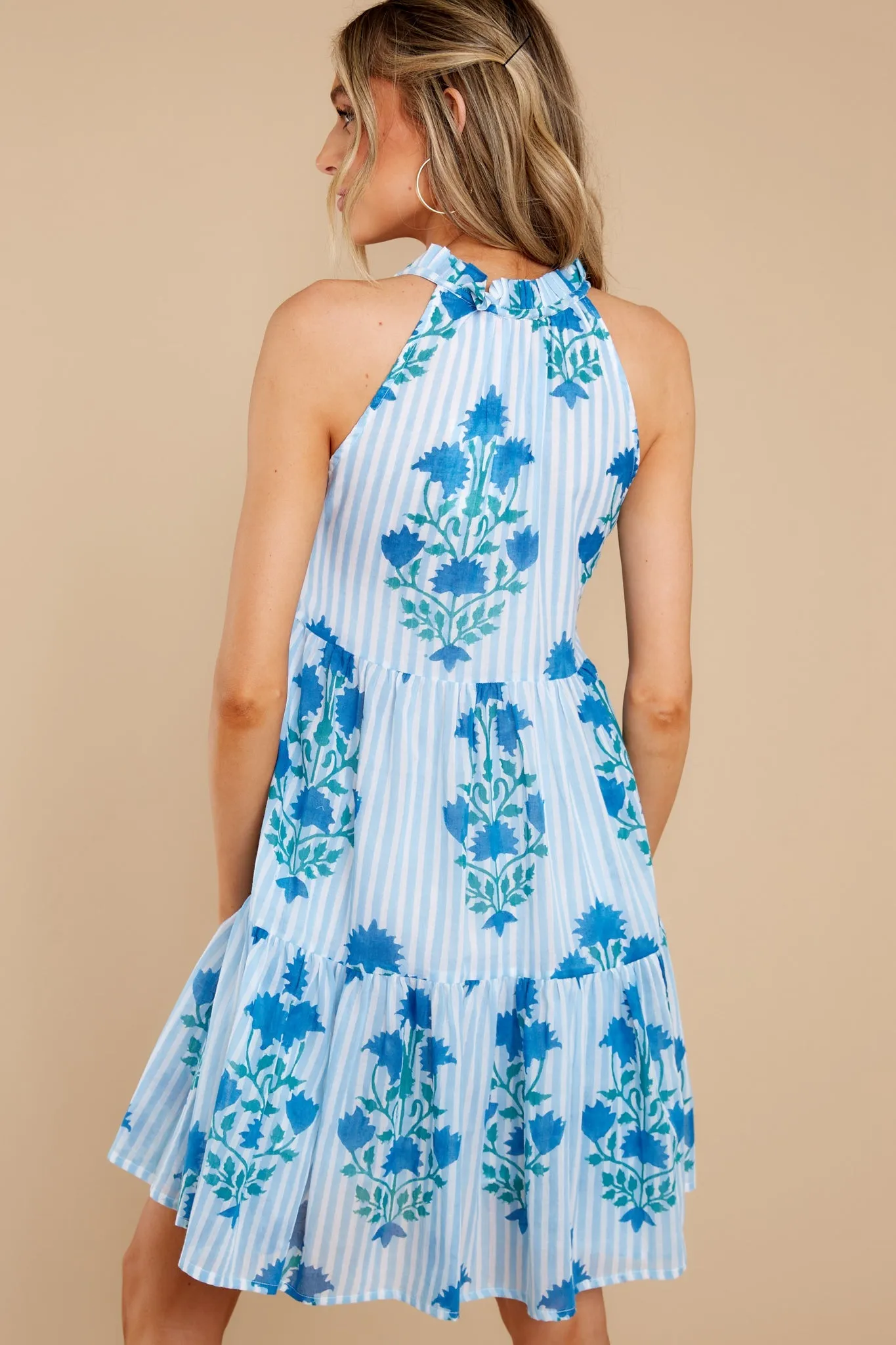 Jaipur Blue Stripe Sleeveless Tiered Short Dress