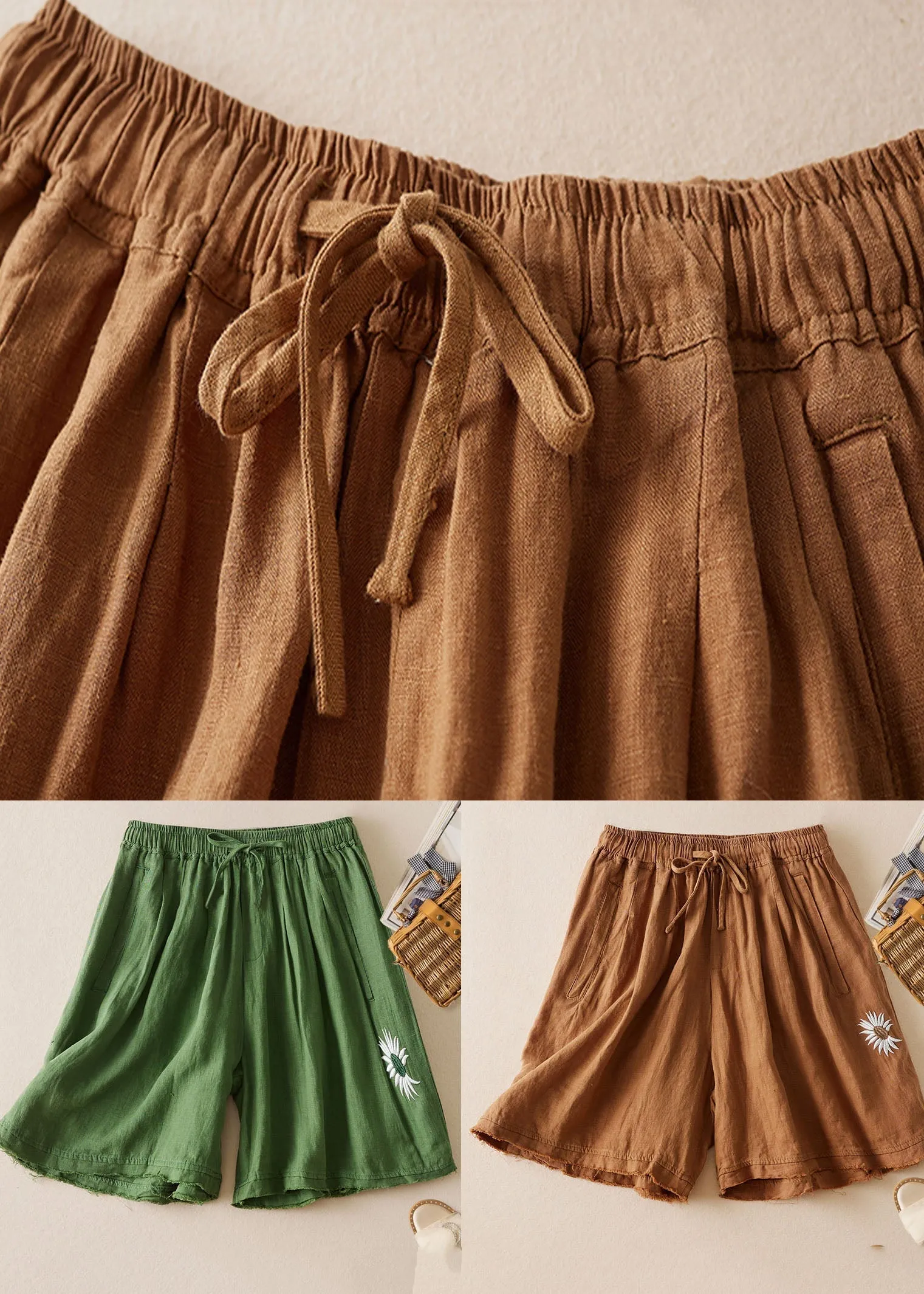Loose Green Embroideried Pockets Patchwork Linen Shorts Summer LY7146