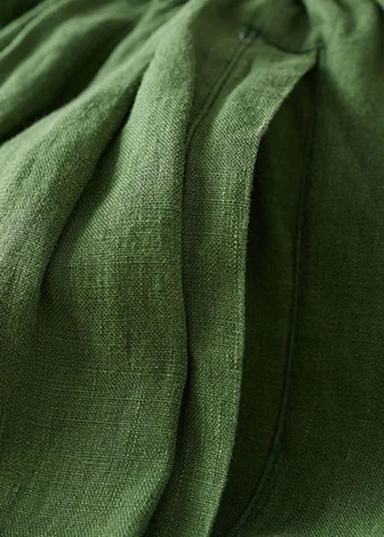 Loose Green Embroideried Pockets Patchwork Linen Shorts Summer LY7146