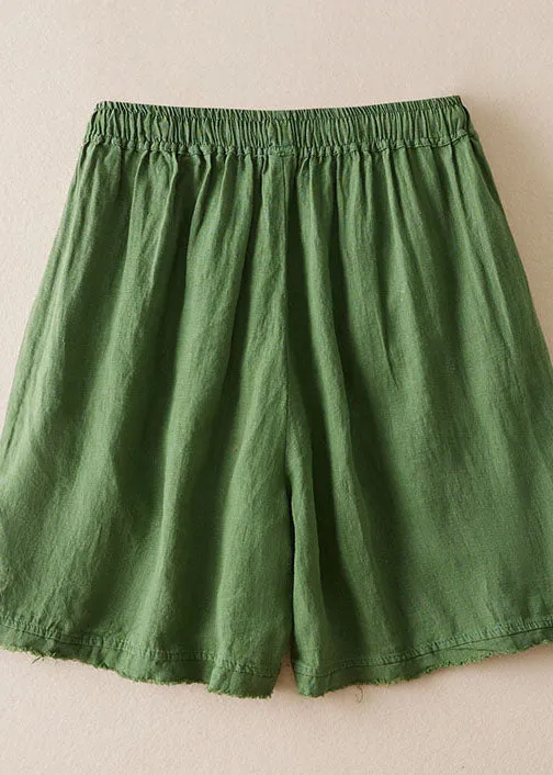 Loose Green Embroideried Pockets Patchwork Linen Shorts Summer LY7146