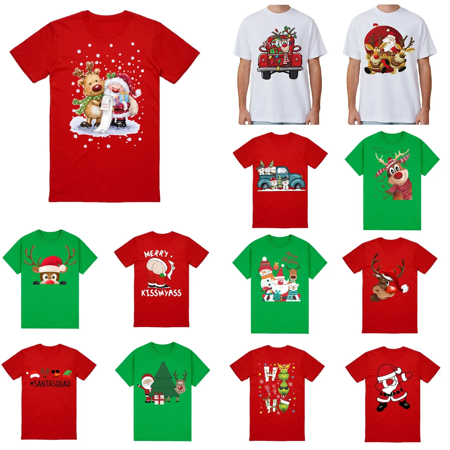 NNEDSZ 100% Cotton Christmas T-shirt Adult Unisex Tee Tops Funny Santa Party Custume, Reindeer (White), 2XL