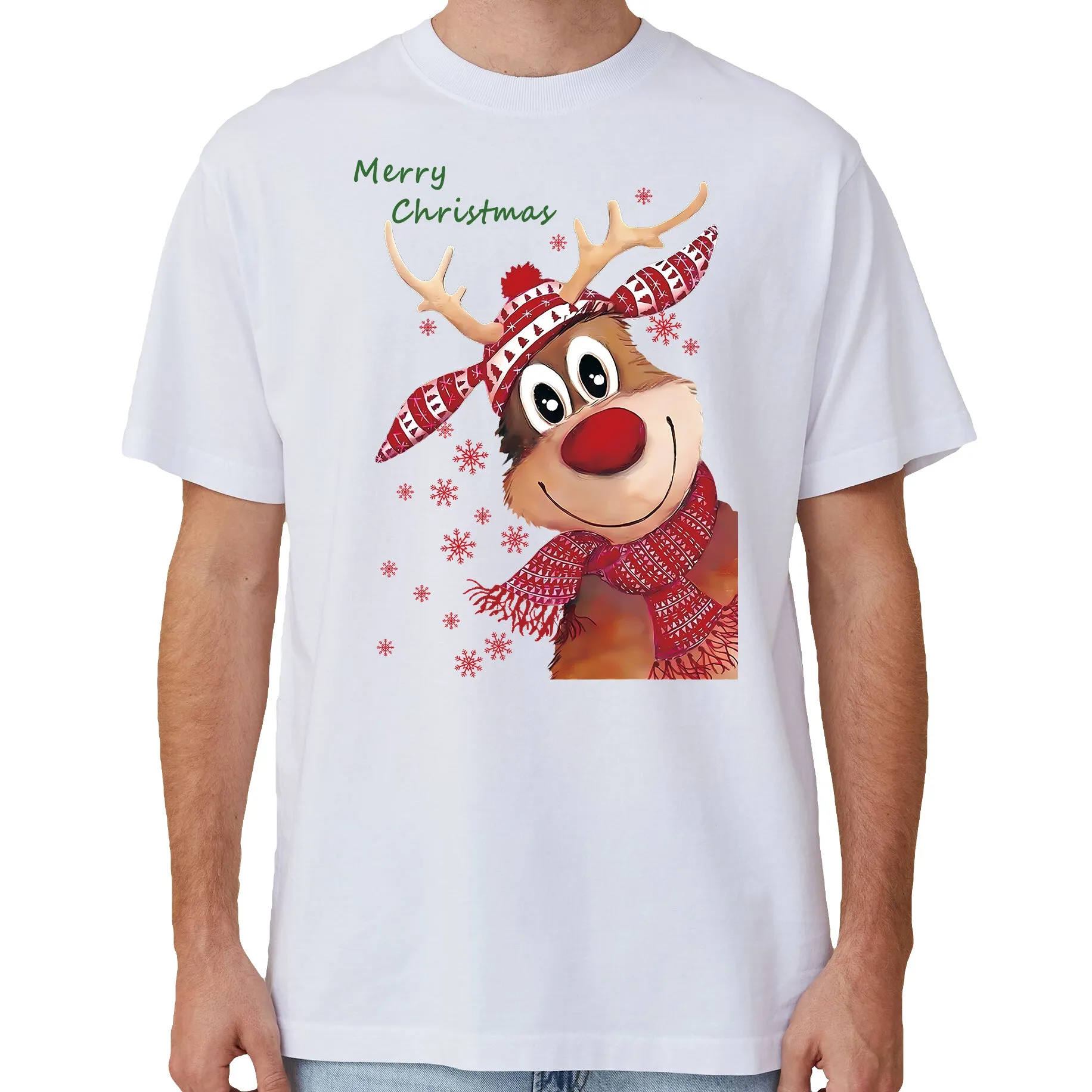 NNEDSZ 100% Cotton Christmas T-shirt Adult Unisex Tee Tops Funny Santa Party Custume, Reindeer (White), 2XL