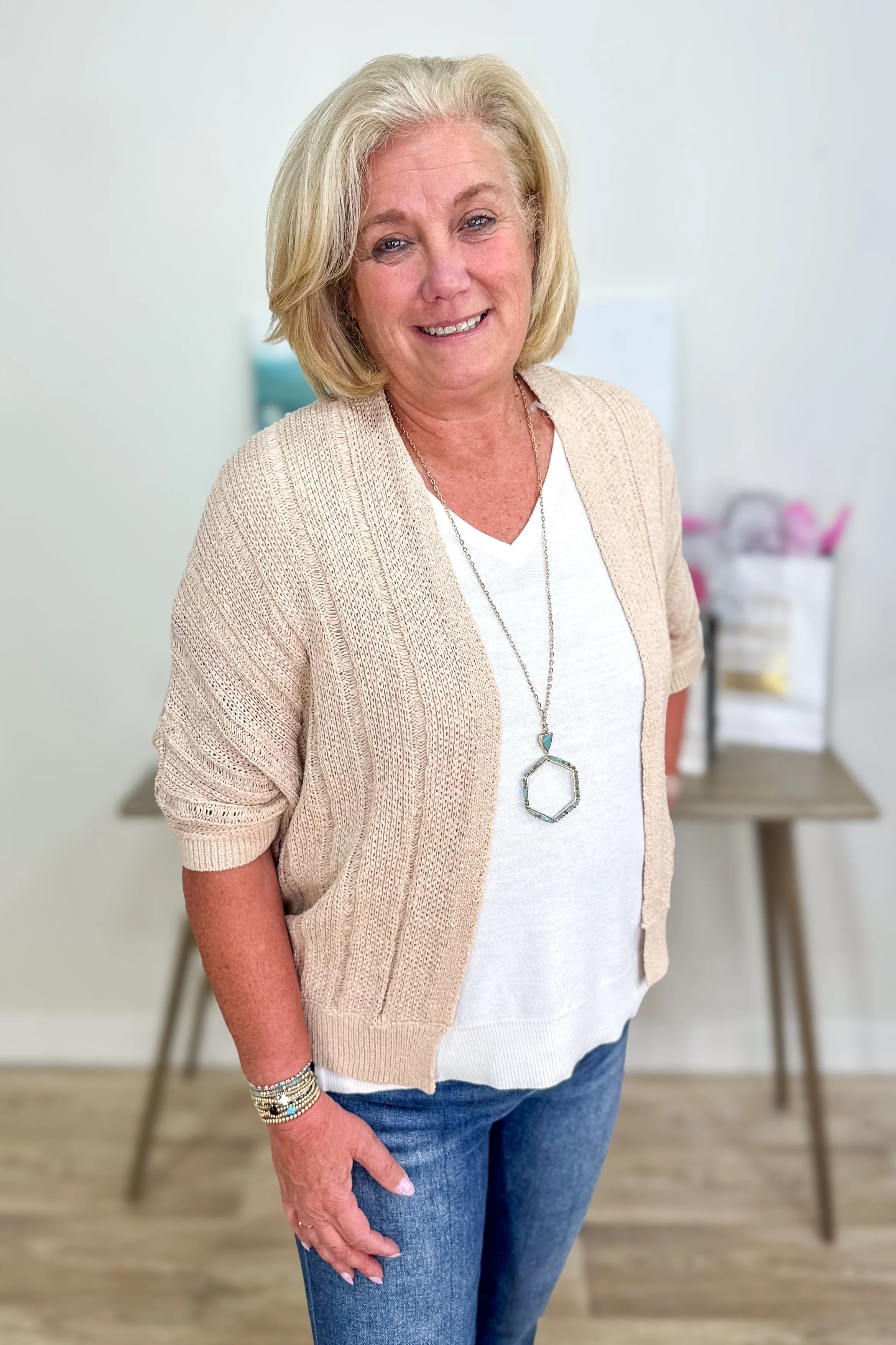 Oatmeal Pointelle 3/4 Sleeve Kimono Cardigan