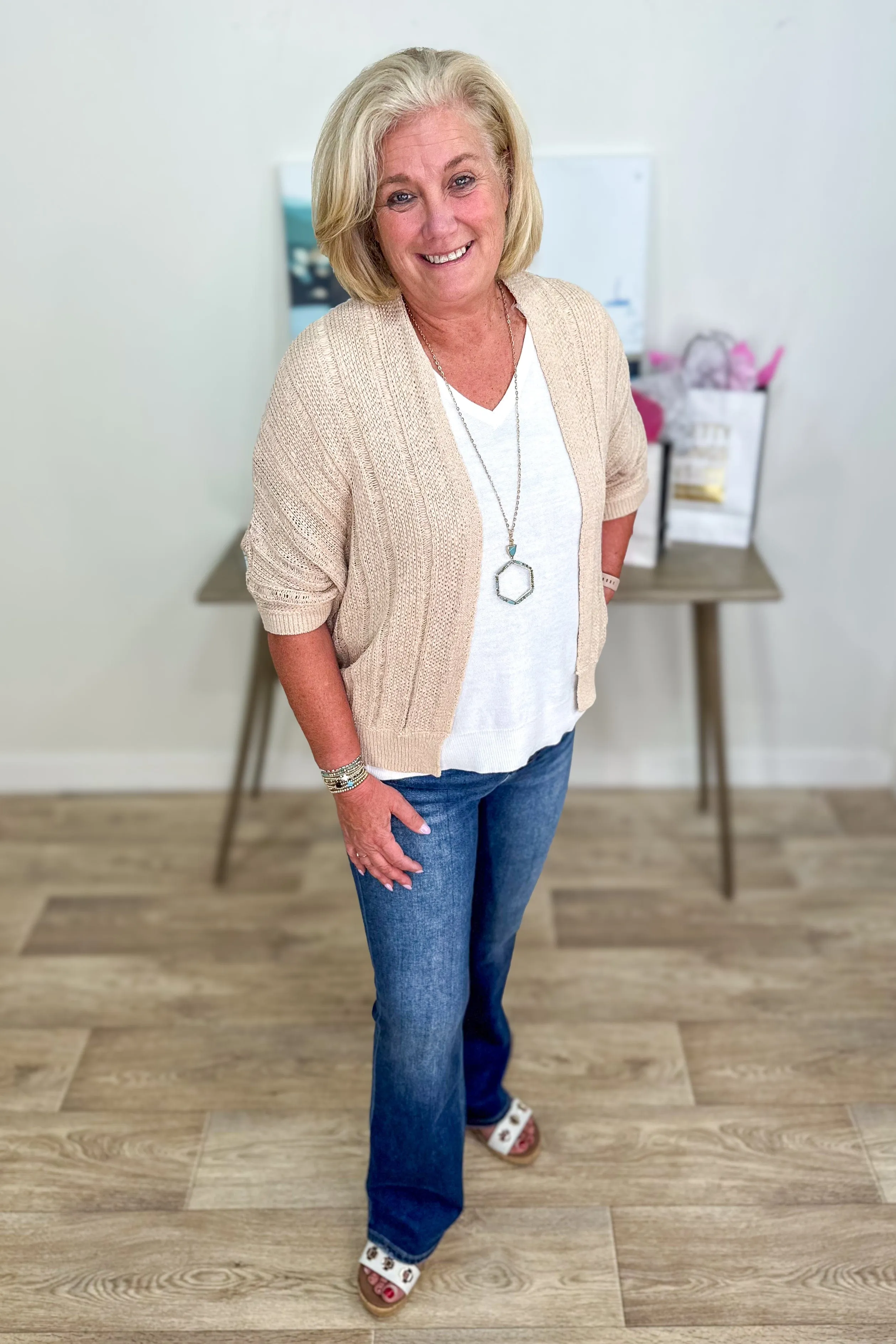 Oatmeal Pointelle 3/4 Sleeve Kimono Cardigan