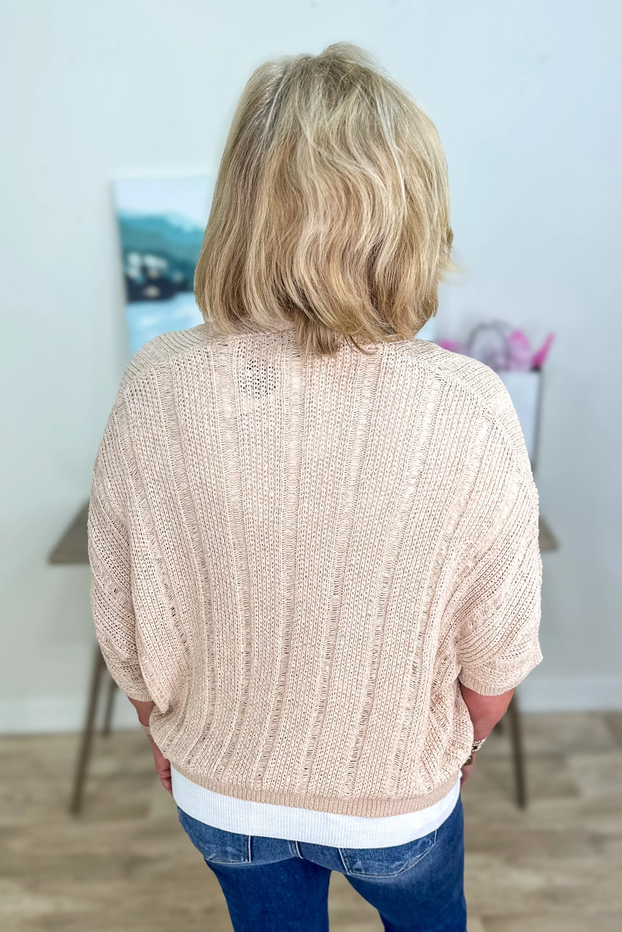 Oatmeal Pointelle 3/4 Sleeve Kimono Cardigan