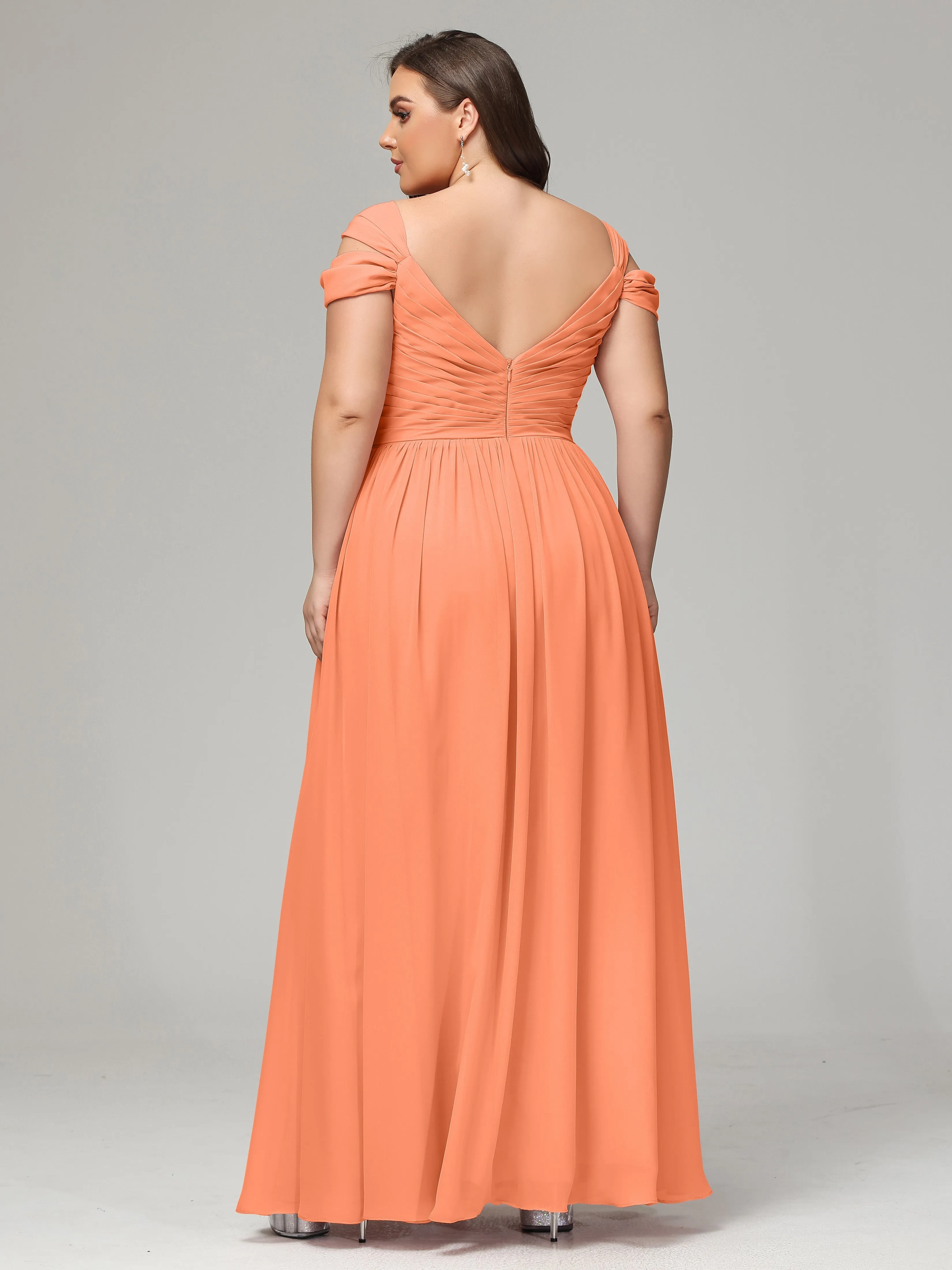 Papaya Bridesmaid Dresses Cap Sleeves Chiffon With Split Plus Size Bridesmaid Dresses Long