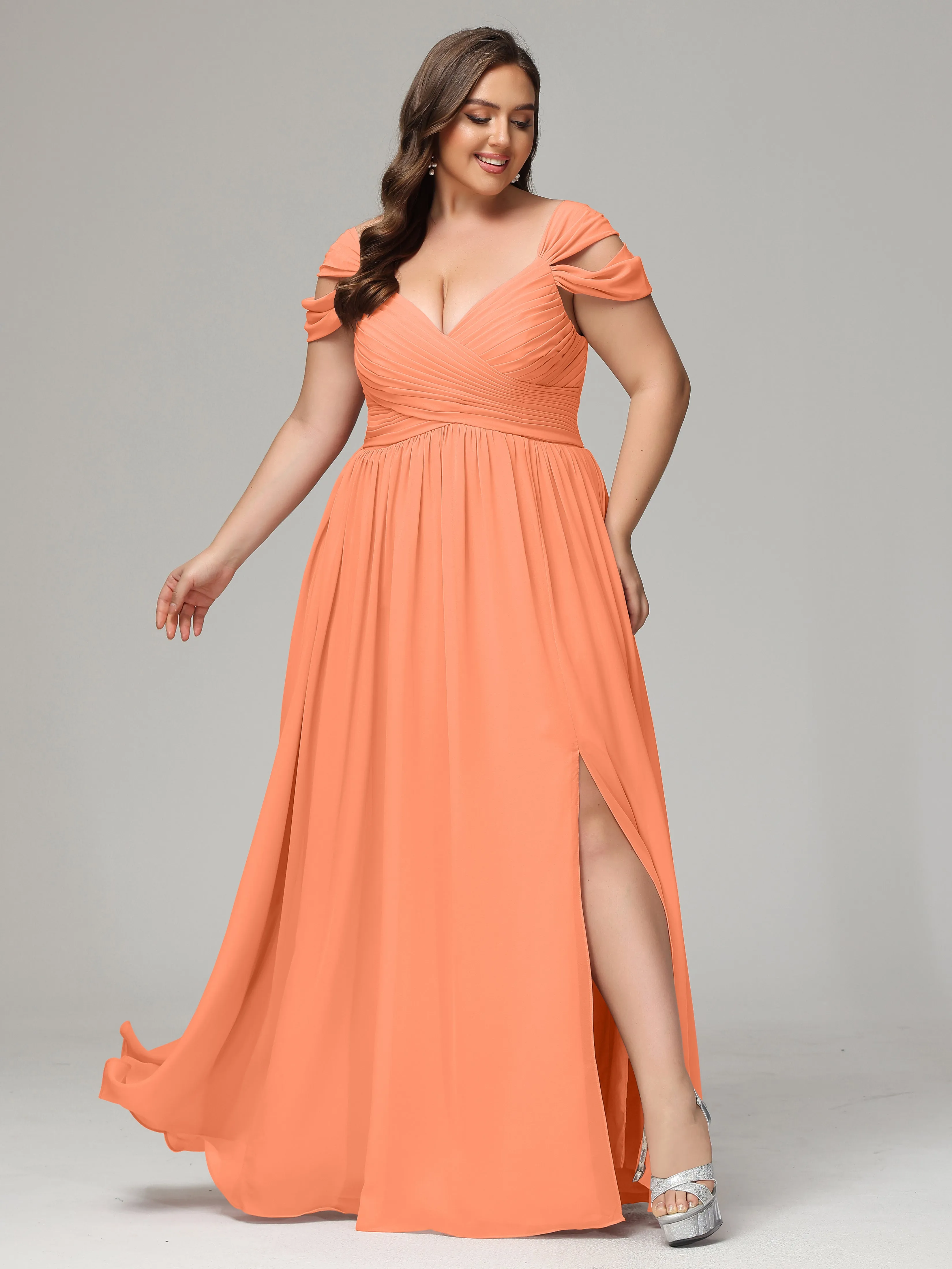 Papaya Bridesmaid Dresses Cap Sleeves Chiffon With Split Plus Size Bridesmaid Dresses Long