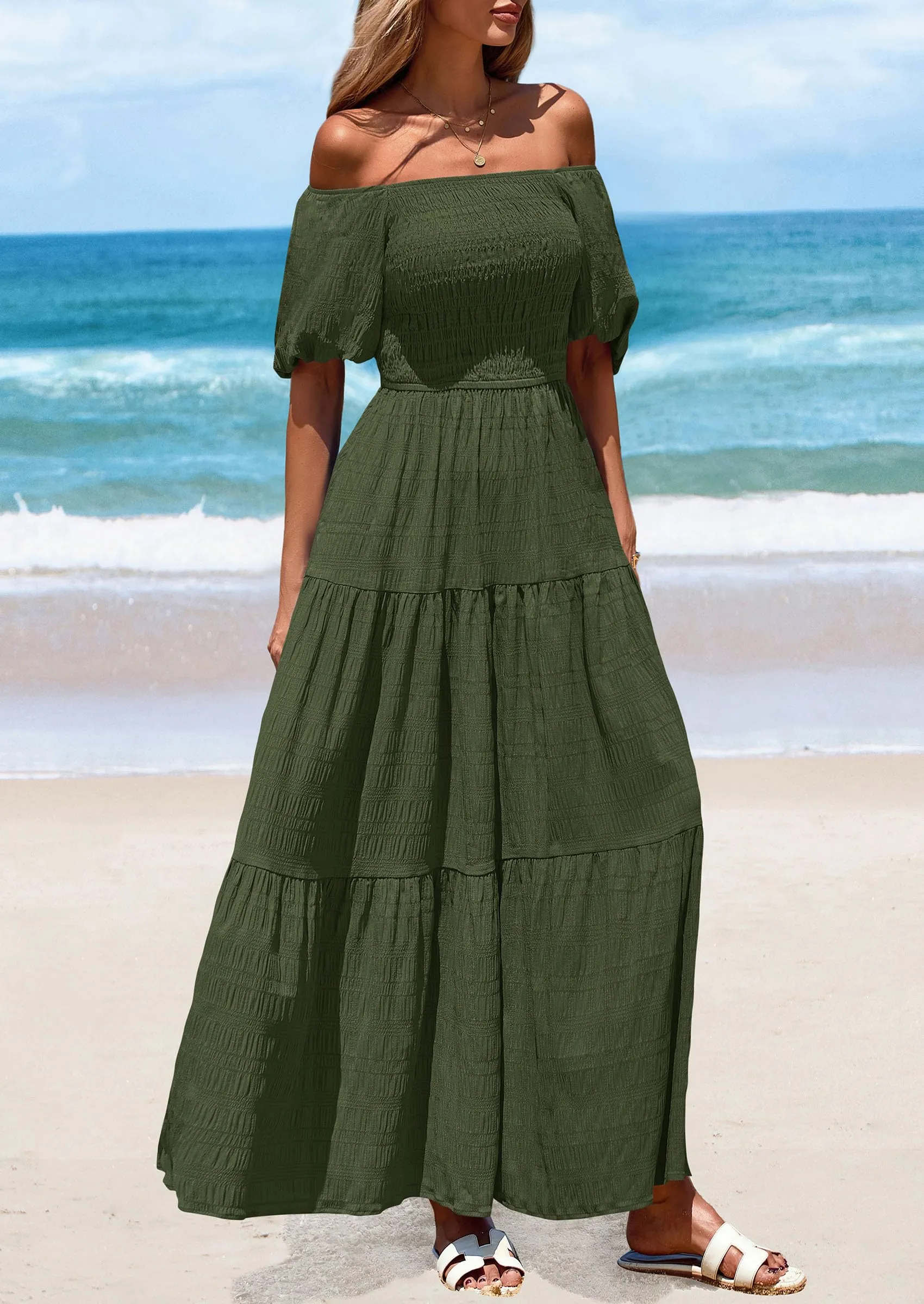 Puff Short Sleeve Square Neck Smocked Tiered Ruffle A Line Flowy Beach Maxi Dresses