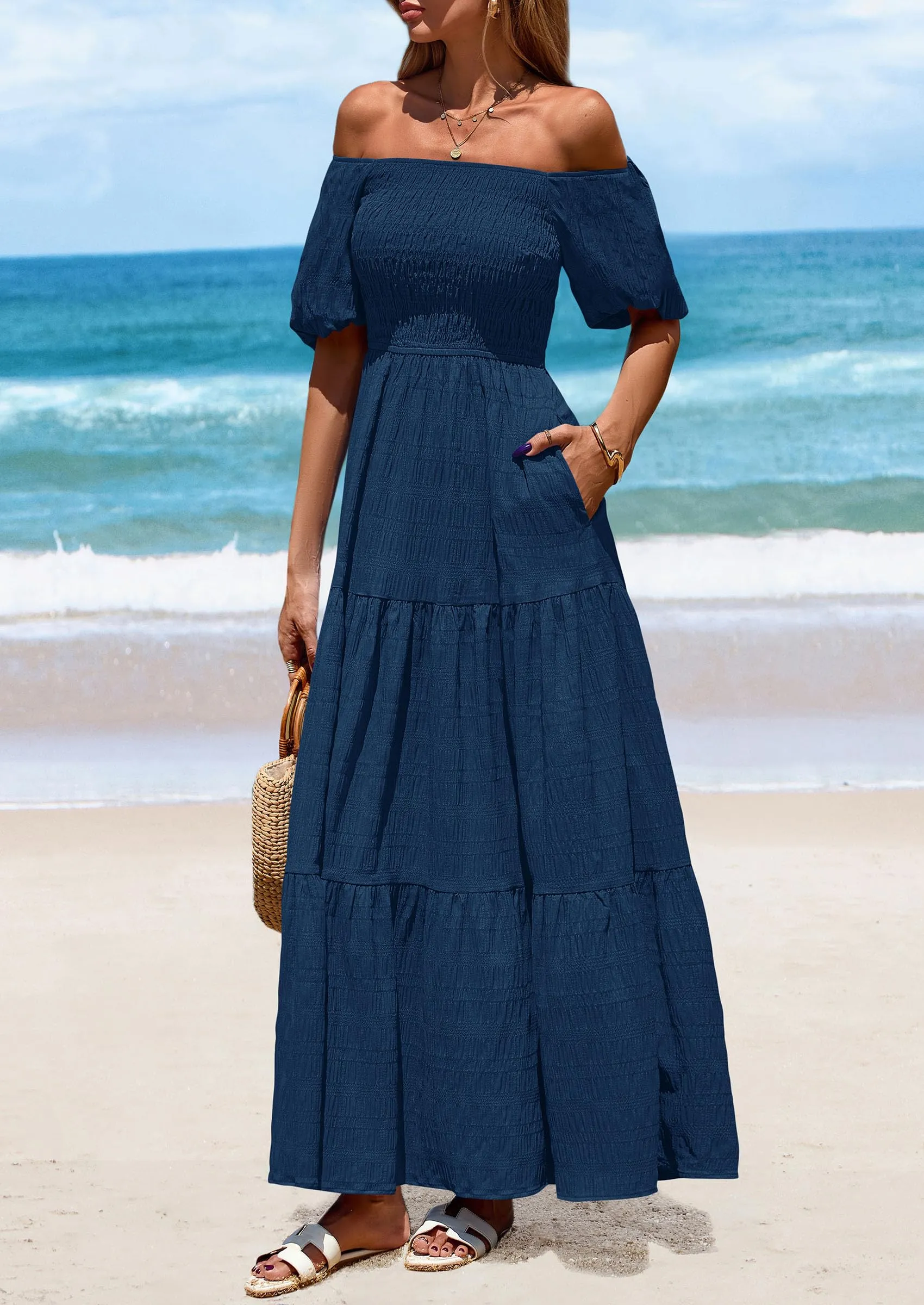 Puff Short Sleeve Square Neck Smocked Tiered Ruffle A Line Flowy Beach Maxi Dresses