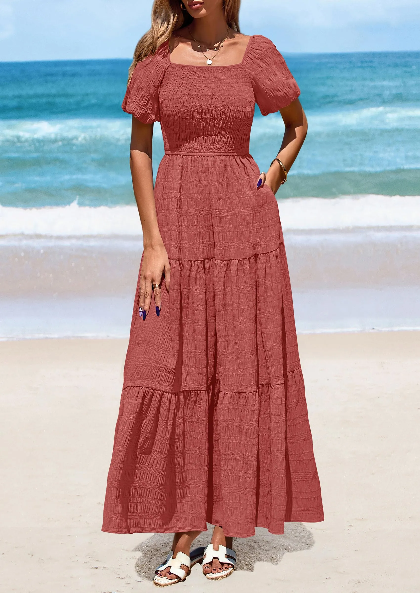 Puff Short Sleeve Square Neck Smocked Tiered Ruffle A Line Flowy Beach Maxi Dresses