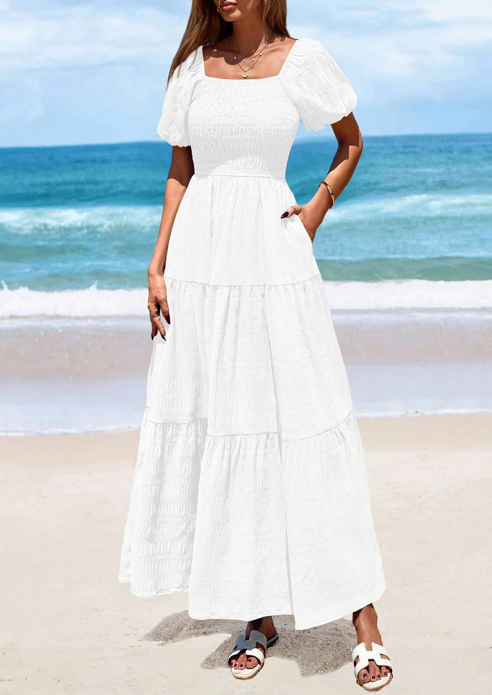 Puff Short Sleeve Square Neck Smocked Tiered Ruffle A Line Flowy Beach Maxi Dresses