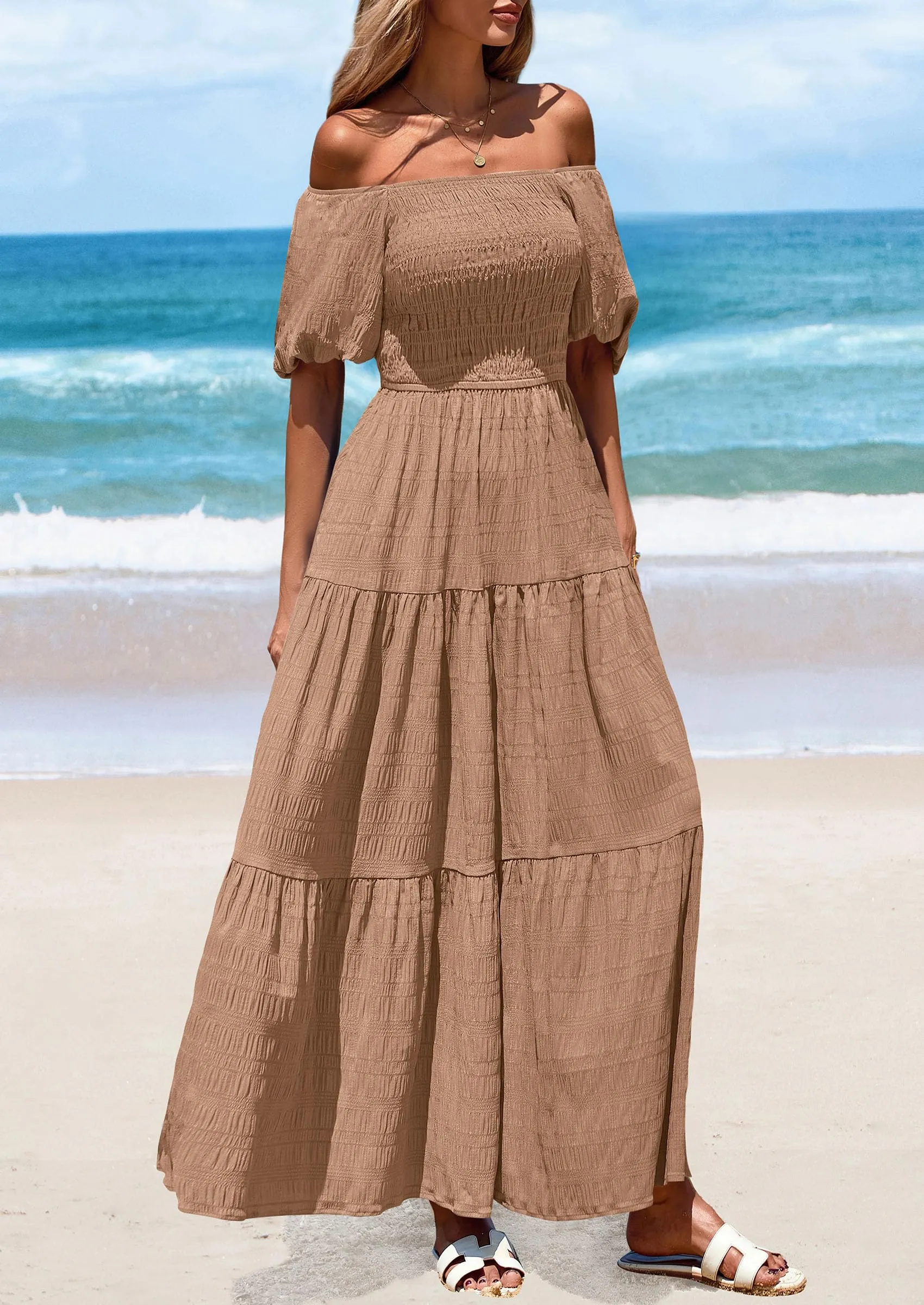 Puff Short Sleeve Square Neck Smocked Tiered Ruffle A Line Flowy Beach Maxi Dresses