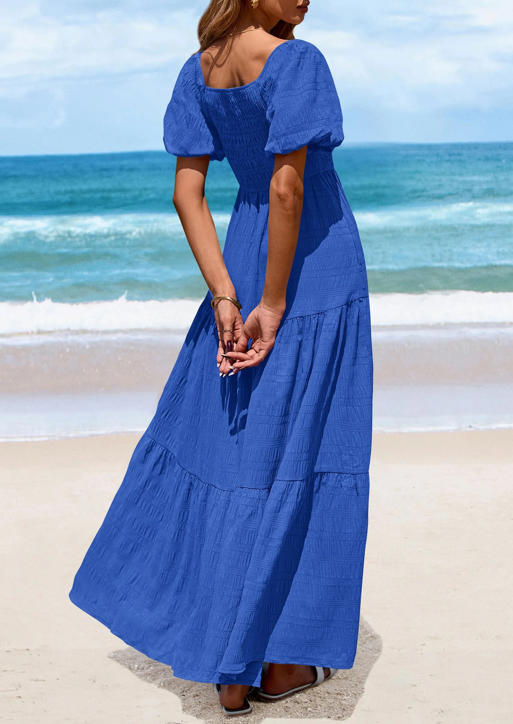 Puff Short Sleeve Square Neck Smocked Tiered Ruffle A Line Flowy Beach Maxi Dresses