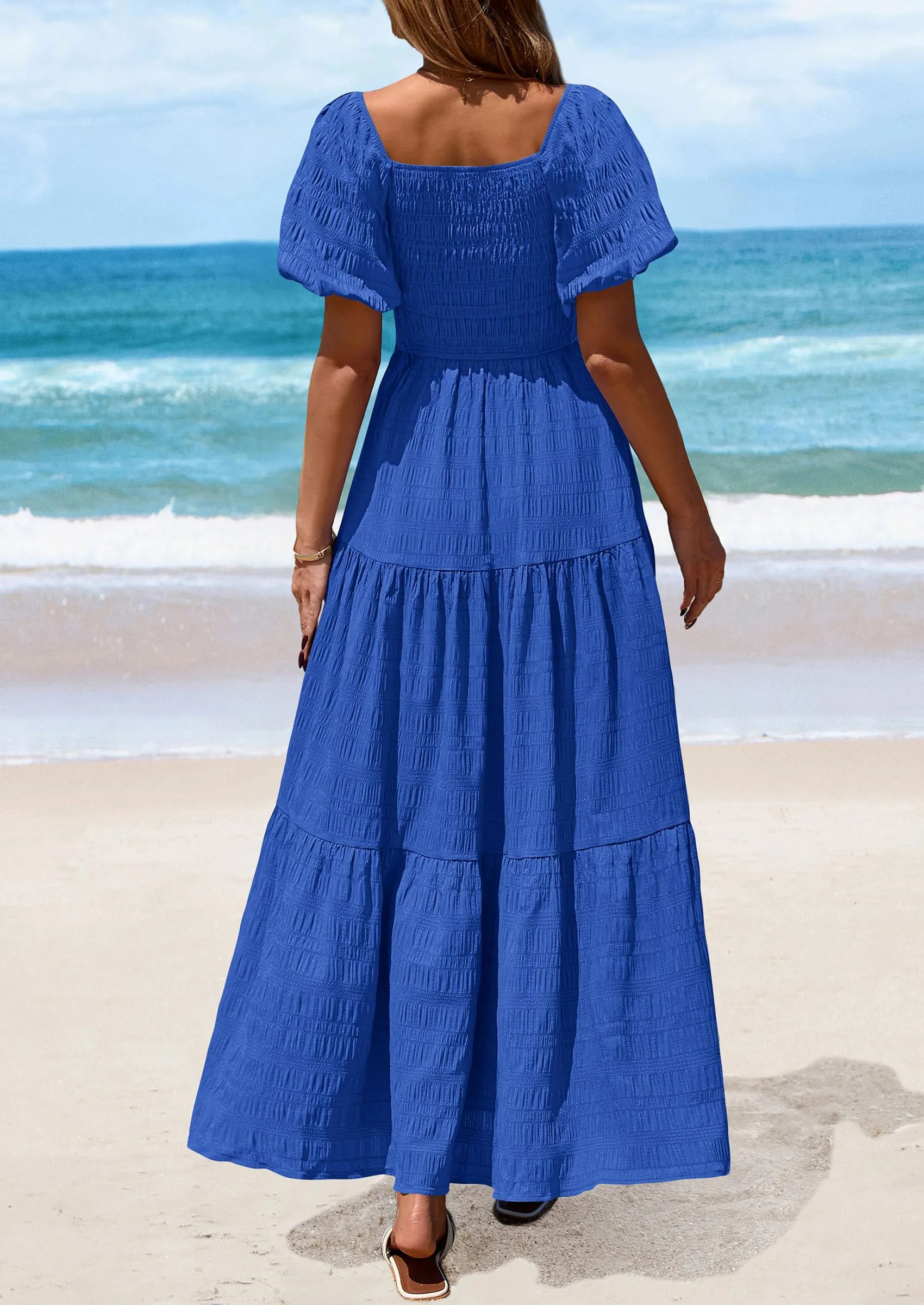Puff Short Sleeve Square Neck Smocked Tiered Ruffle A Line Flowy Beach Maxi Dresses