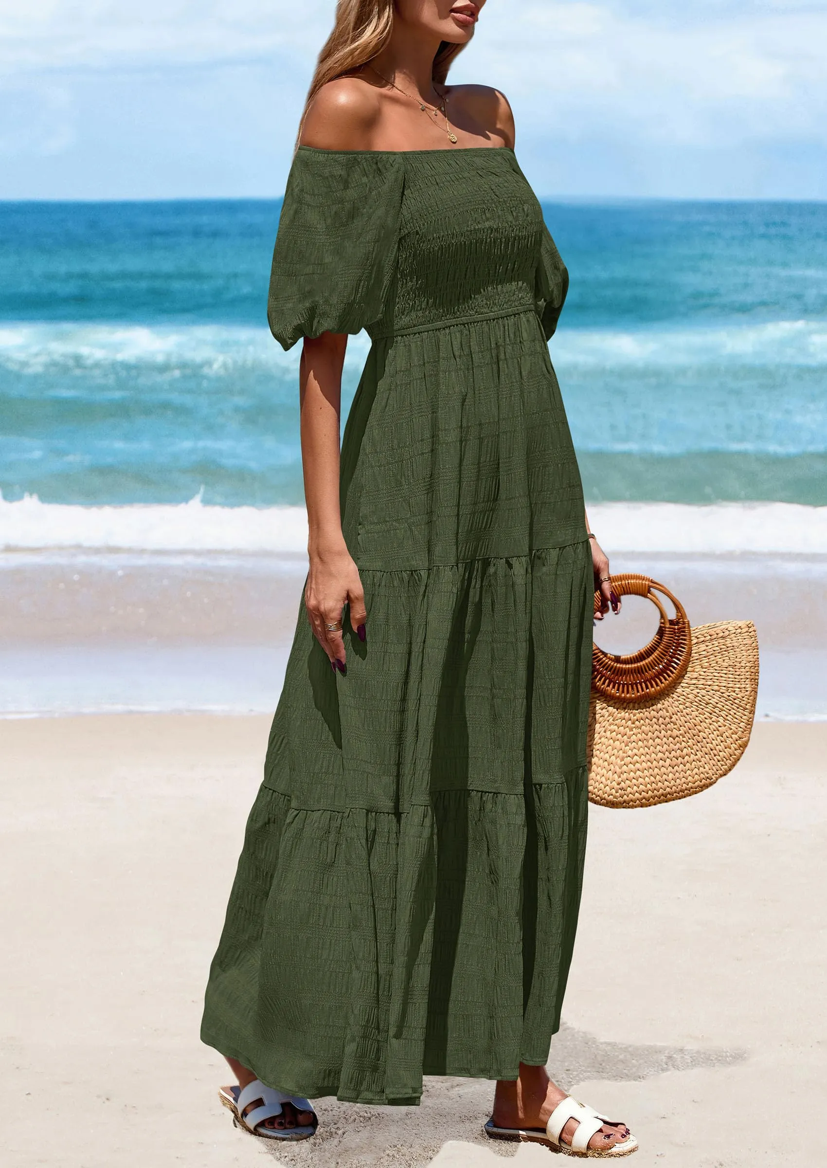 Puff Short Sleeve Square Neck Smocked Tiered Ruffle A Line Flowy Beach Maxi Dresses