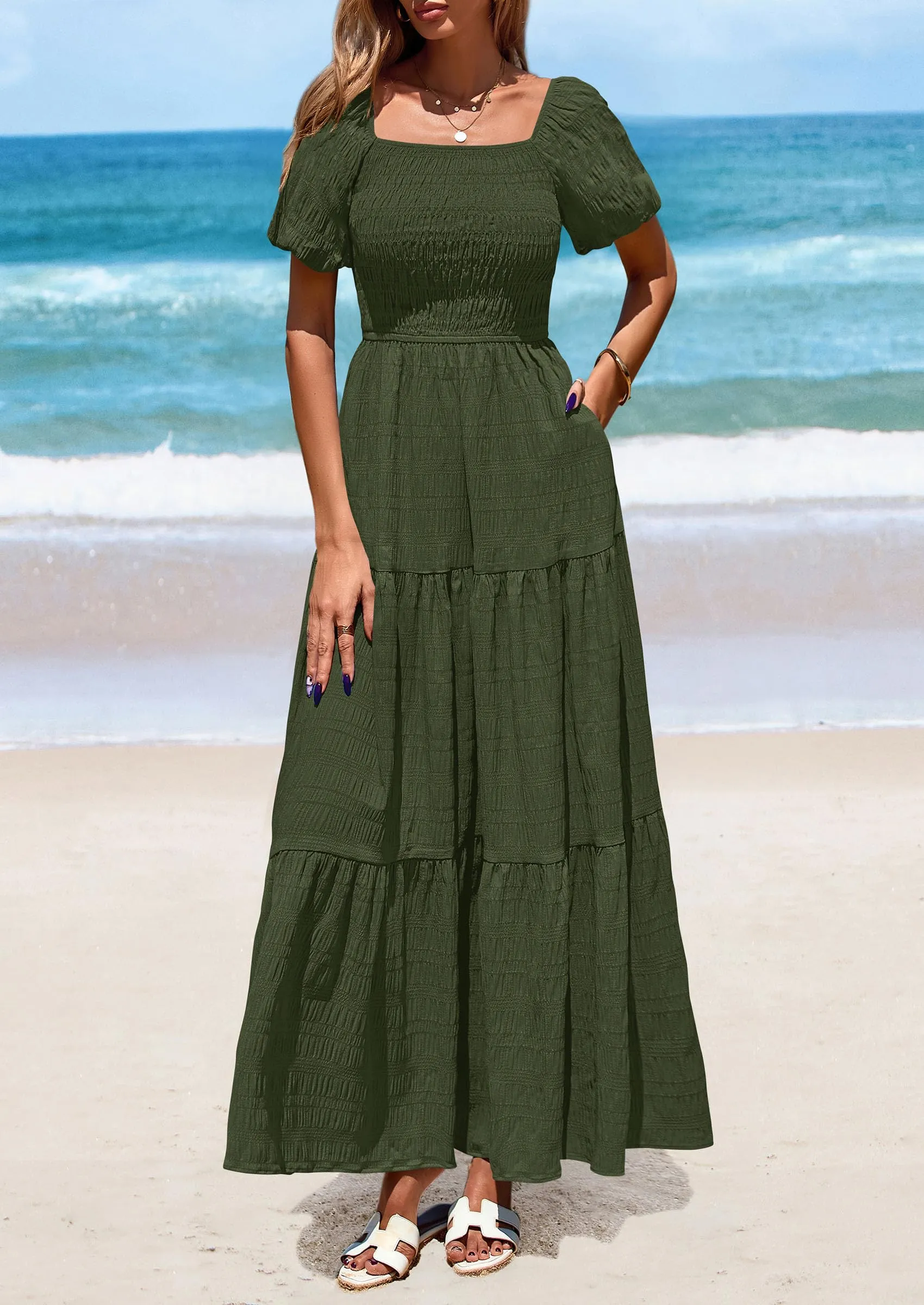 Puff Short Sleeve Square Neck Smocked Tiered Ruffle A Line Flowy Beach Maxi Dresses