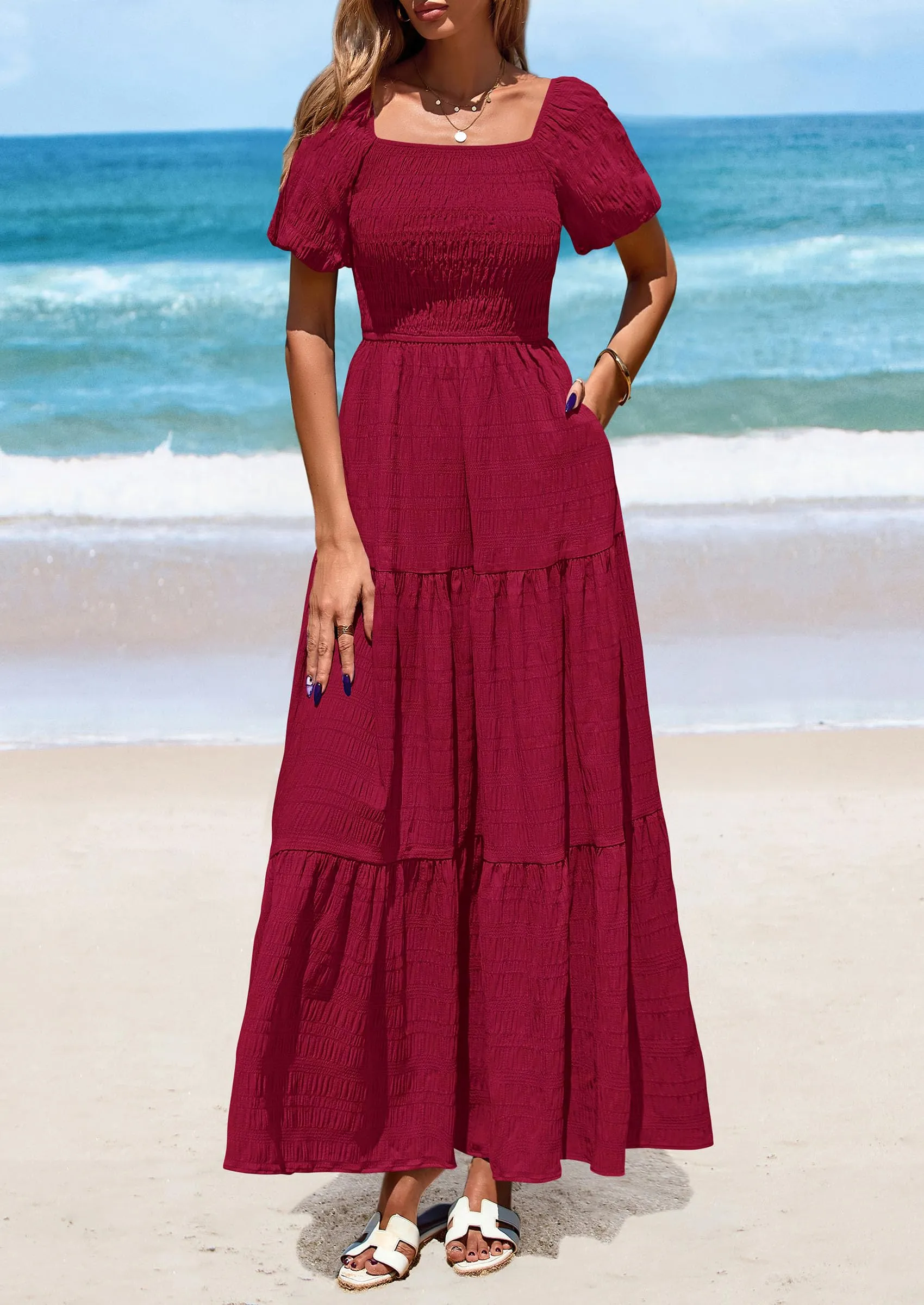 Puff Short Sleeve Square Neck Smocked Tiered Ruffle A Line Flowy Beach Maxi Dresses