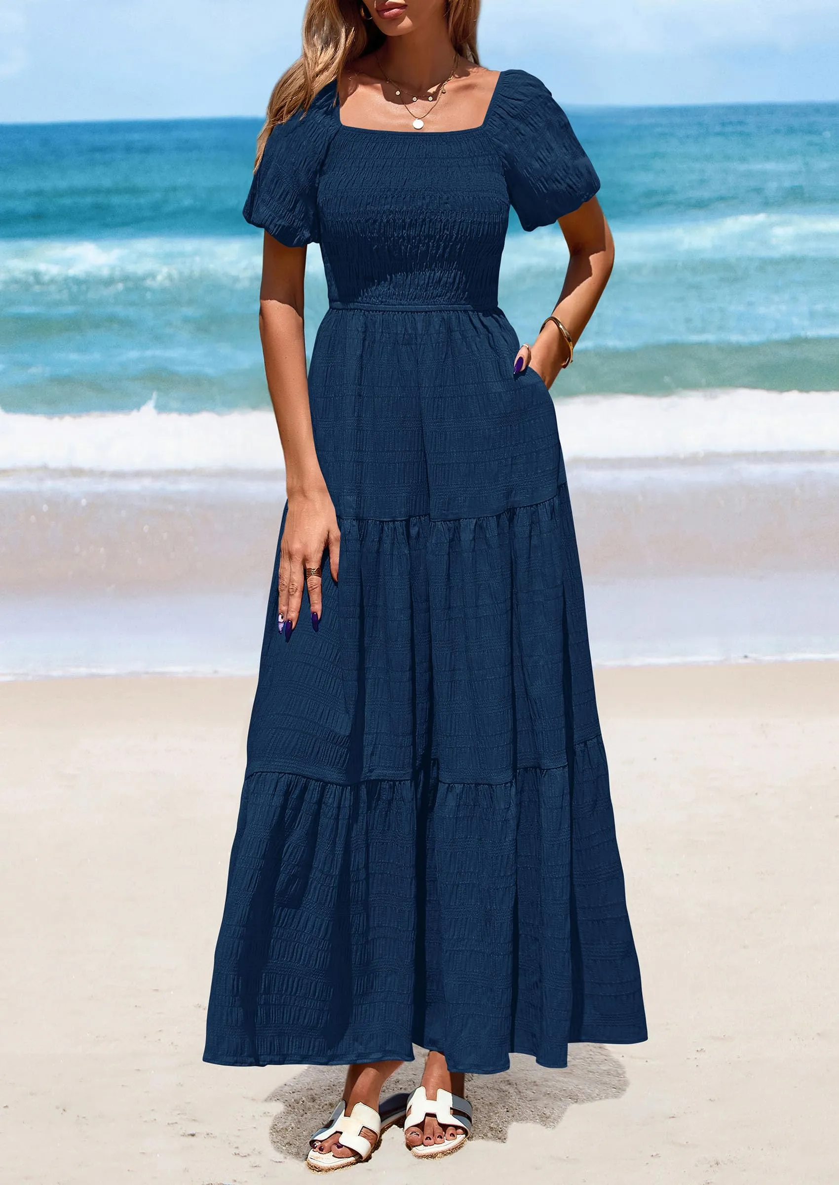 Puff Short Sleeve Square Neck Smocked Tiered Ruffle A Line Flowy Beach Maxi Dresses