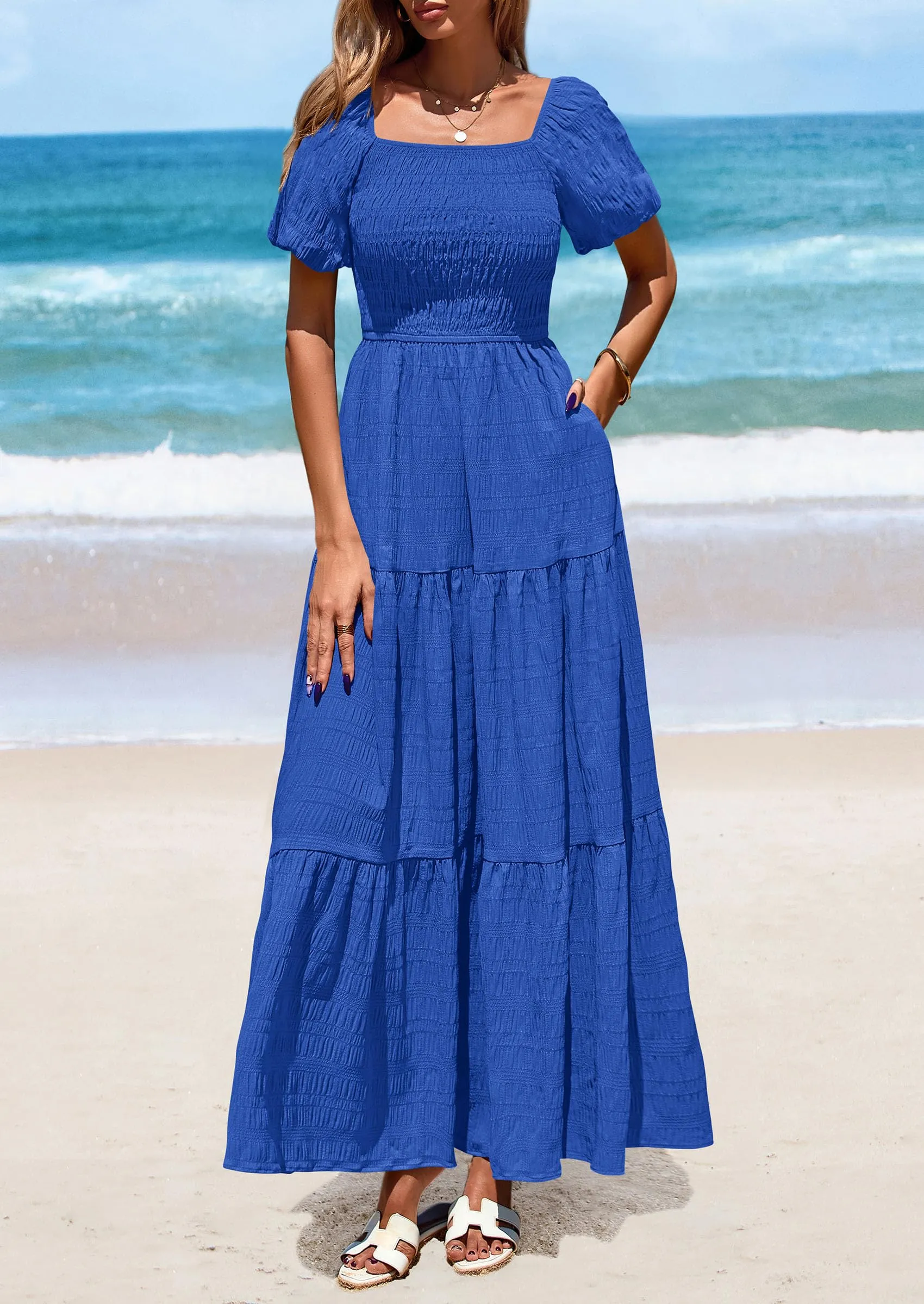 Puff Short Sleeve Square Neck Smocked Tiered Ruffle A Line Flowy Beach Maxi Dresses
