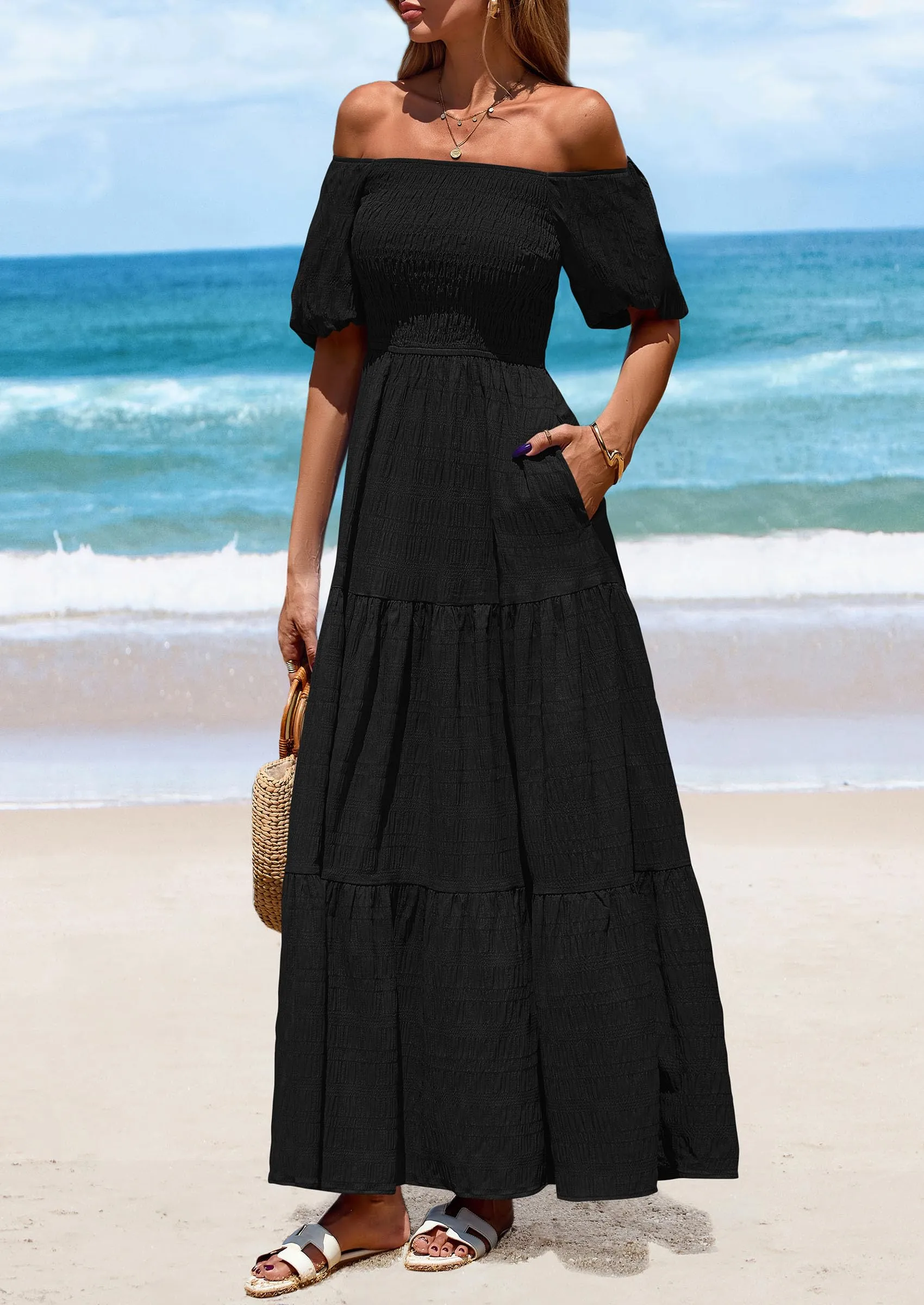 Puff Short Sleeve Square Neck Smocked Tiered Ruffle A Line Flowy Beach Maxi Dresses