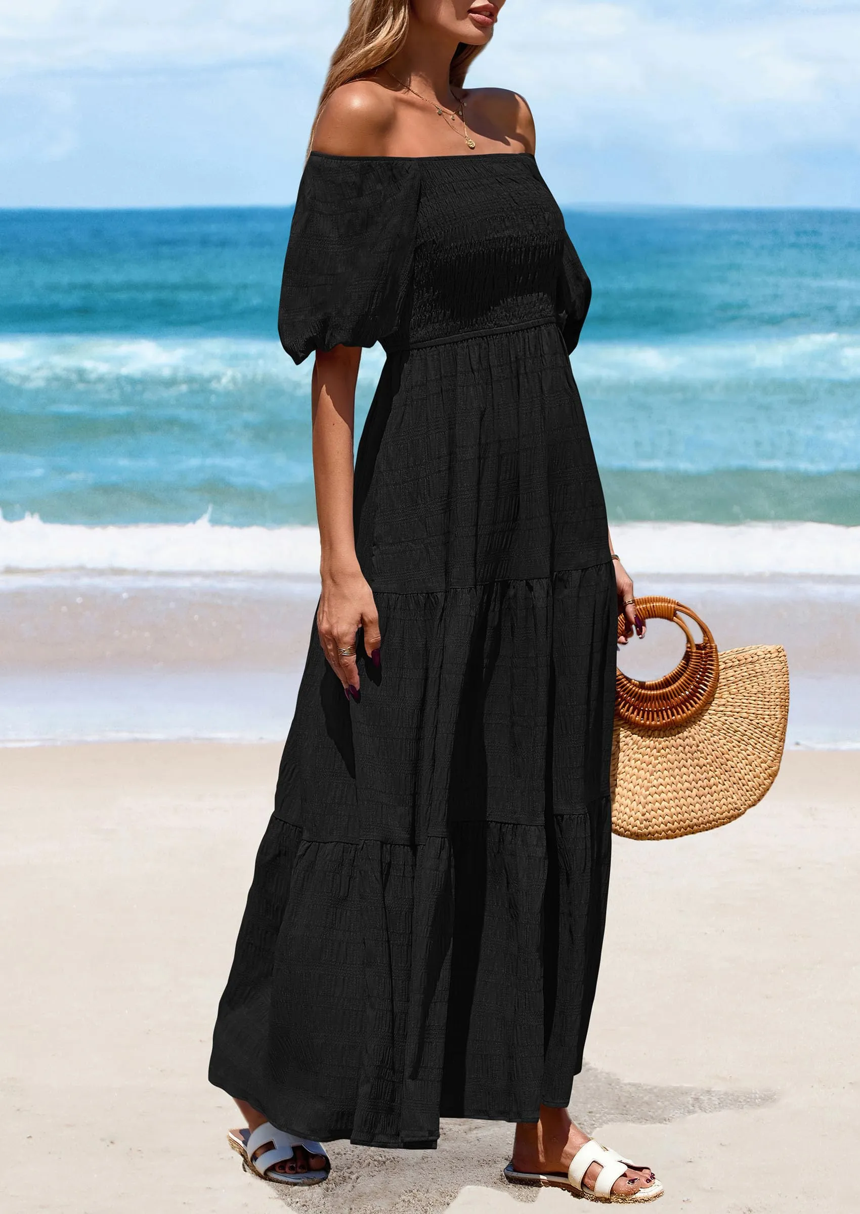 Puff Short Sleeve Square Neck Smocked Tiered Ruffle A Line Flowy Beach Maxi Dresses