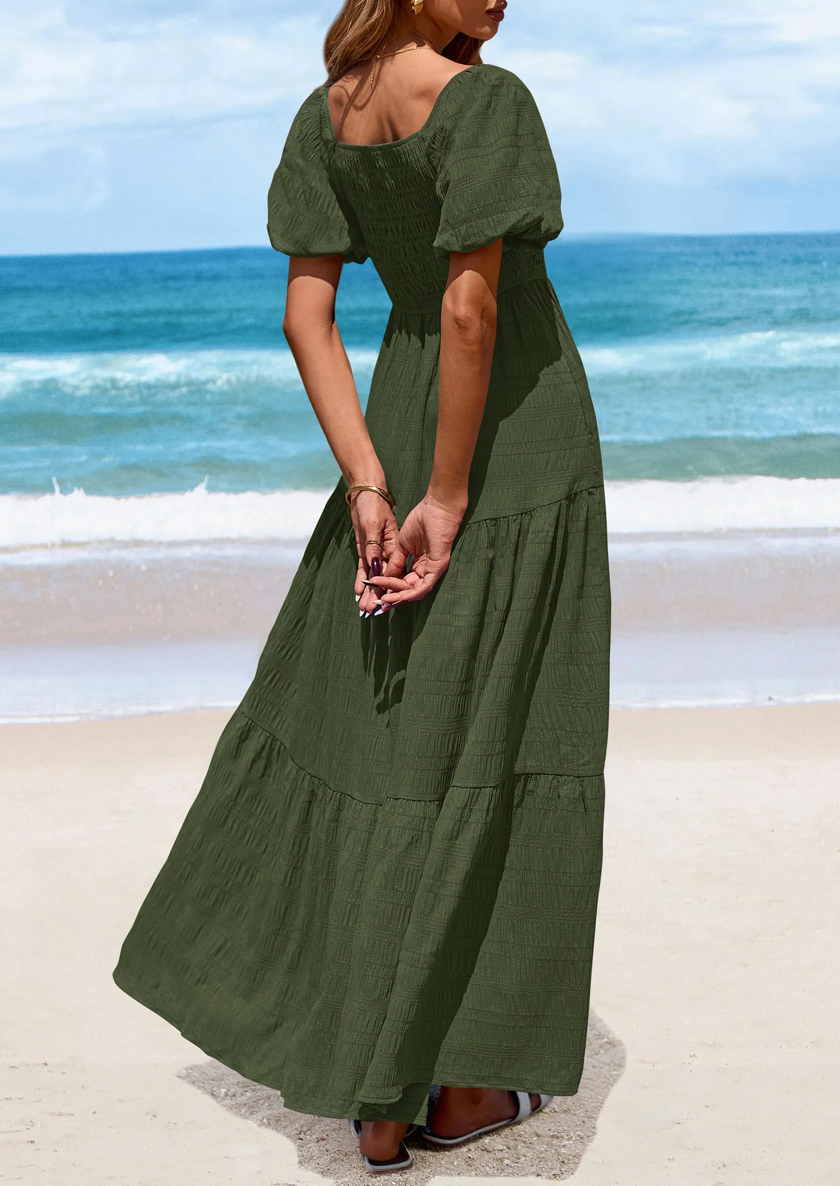 Puff Short Sleeve Square Neck Smocked Tiered Ruffle A Line Flowy Beach Maxi Dresses
