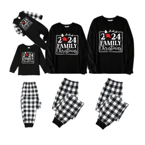 "2024 FAMILY CHRISTMAS" Text and Sleigh Pattern - Black Long Sleeve Top with Black And White Plaid Pants Family Matching Pajamas