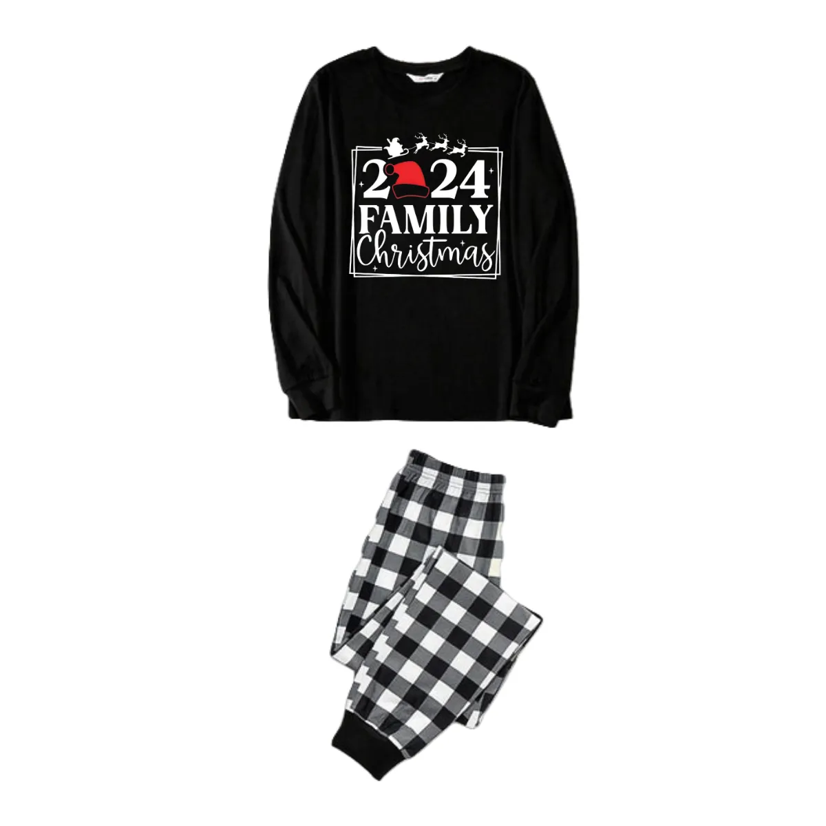 "2024 FAMILY CHRISTMAS" Text and Sleigh Pattern - Black Long Sleeve Top with Black And White Plaid Pants Family Matching Pajamas