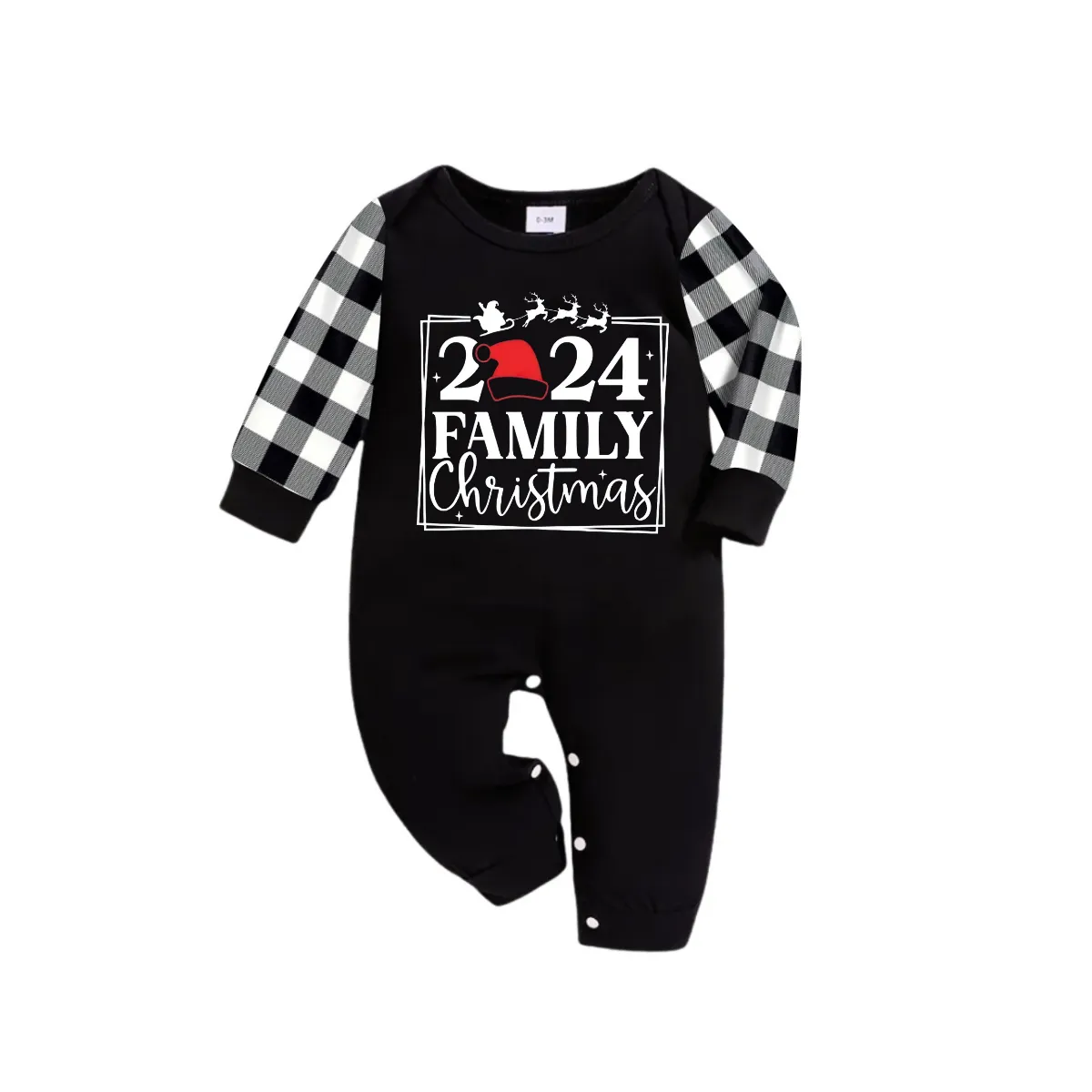 "2024 FAMILY CHRISTMAS" Text and Sleigh Pattern - Black Long Sleeve Top with Black And White Plaid Pants Family Matching Pajamas