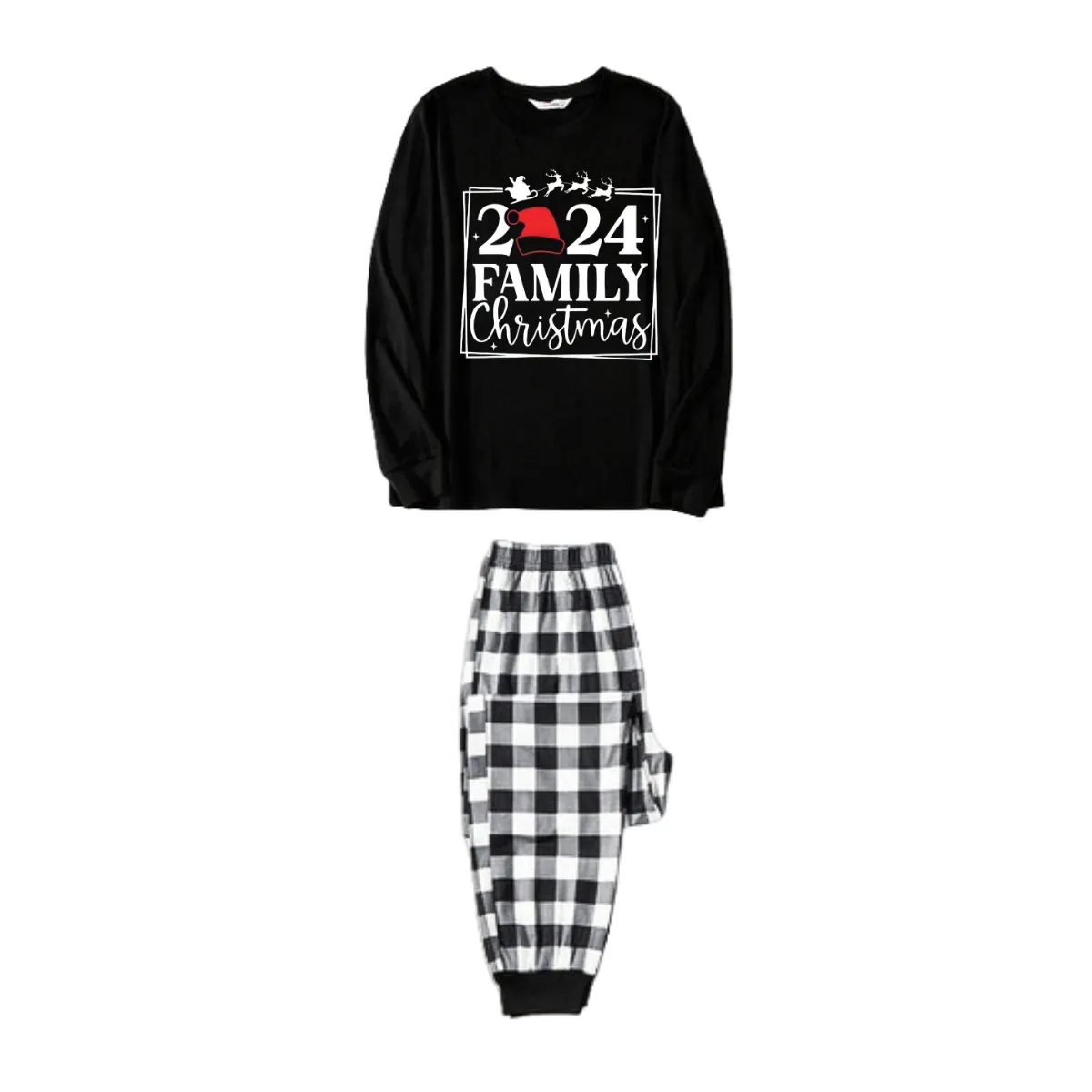 "2024 FAMILY CHRISTMAS" Text and Sleigh Pattern - Black Long Sleeve Top with Black And White Plaid Pants Family Matching Pajamas