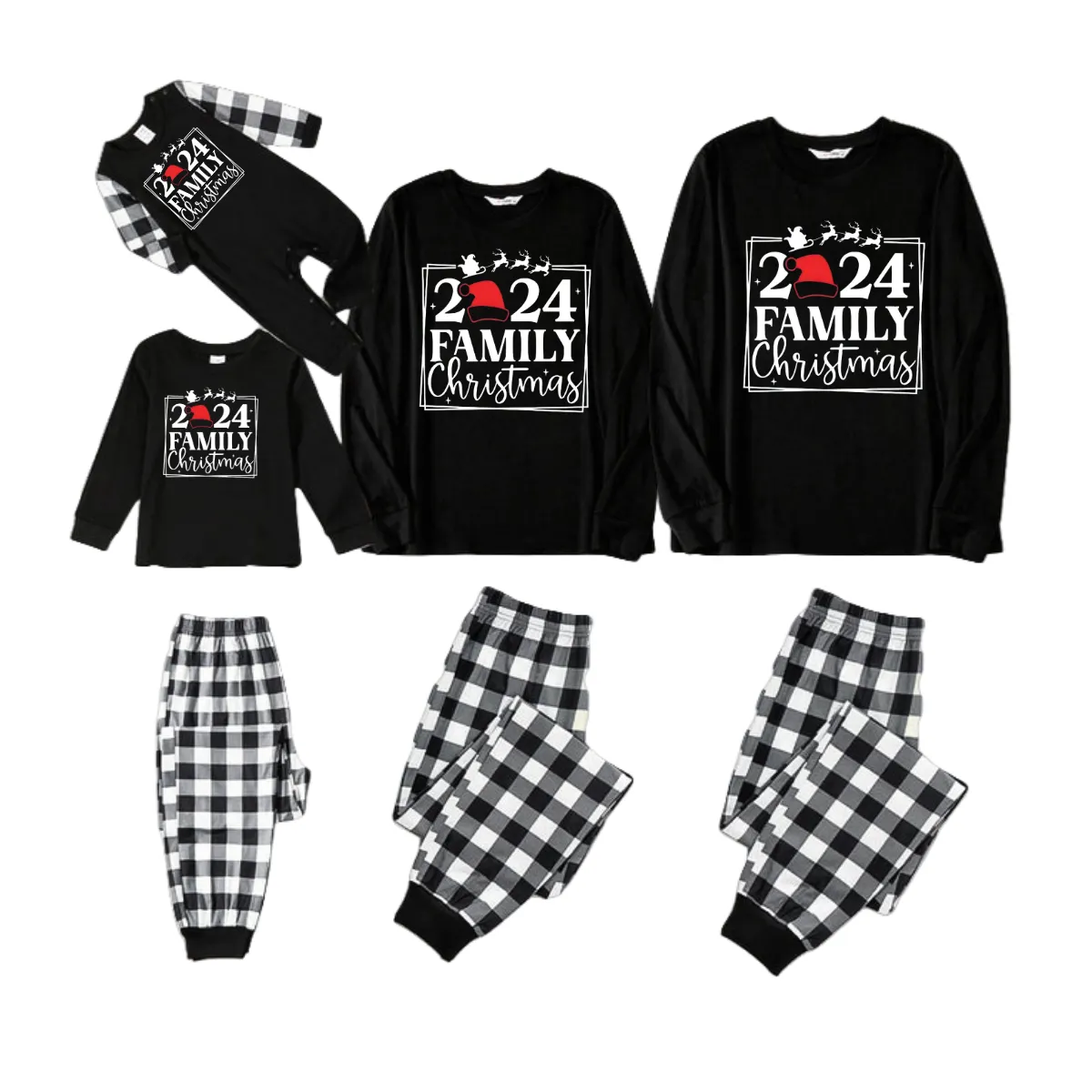 "2024 FAMILY CHRISTMAS" Text and Sleigh Pattern - Black Long Sleeve Top with Black And White Plaid Pants Family Matching Pajamas