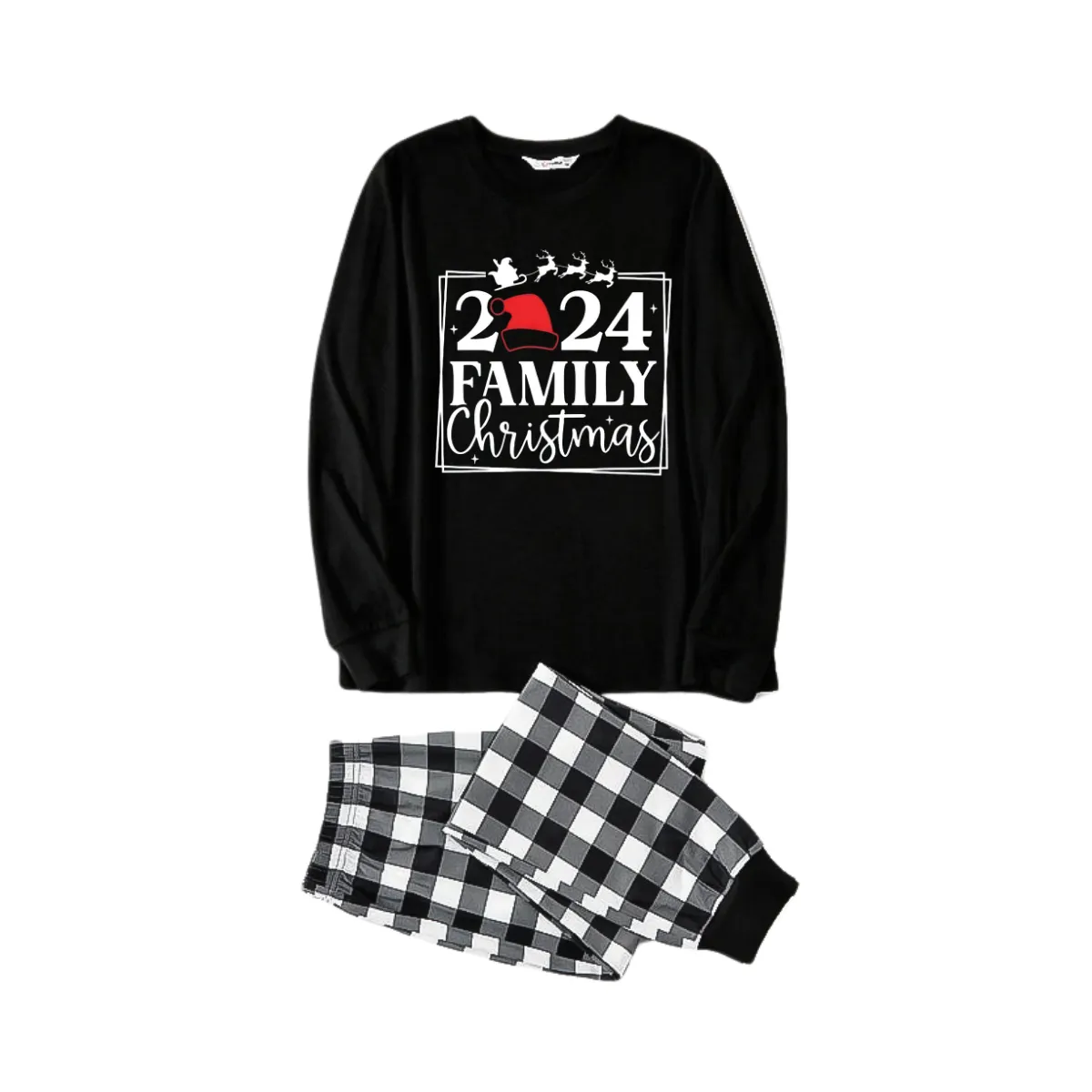 "2024 FAMILY CHRISTMAS" Text and Sleigh Pattern - Black Long Sleeve Top with Black And White Plaid Pants Family Matching Pajamas