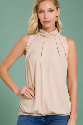 Ruched High Neck Tank - Beige