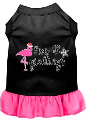 Seas And Greetings Screen Print Dog Dress Black With Bright Pink Sm