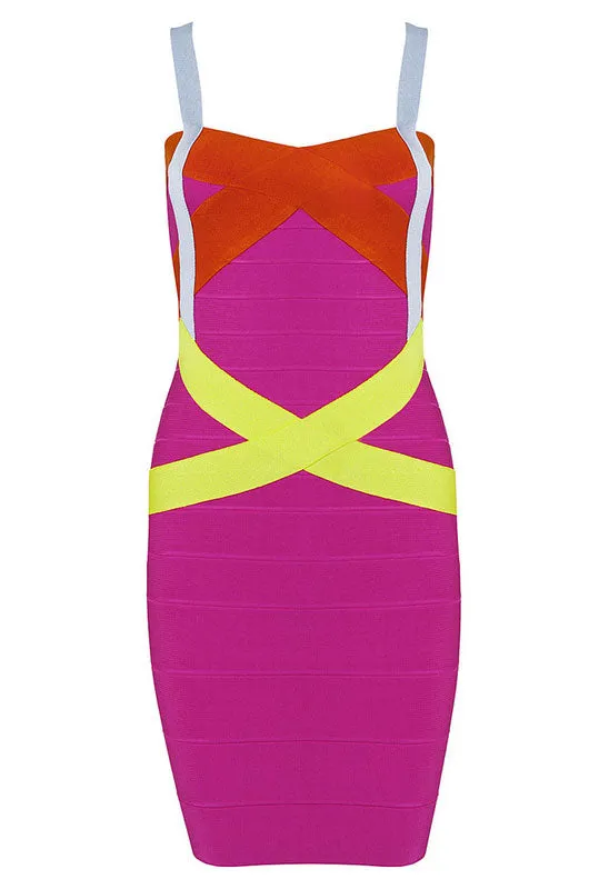 Sexy Hot Pink Blue Yellow Criss Cross Bandage Dress