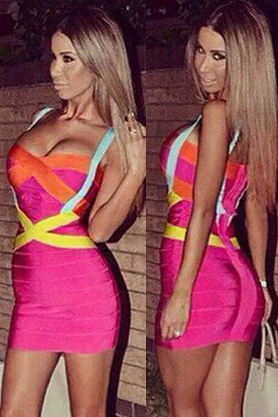 Sexy Hot Pink Blue Yellow Criss Cross Bandage Dress
